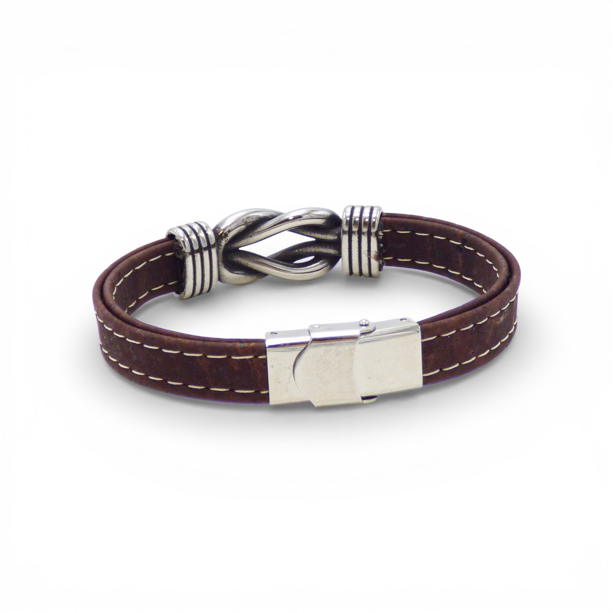 Brown steel knot bracelet for men by Cork Colors, showcasing a unique marine knot design on a cork material.