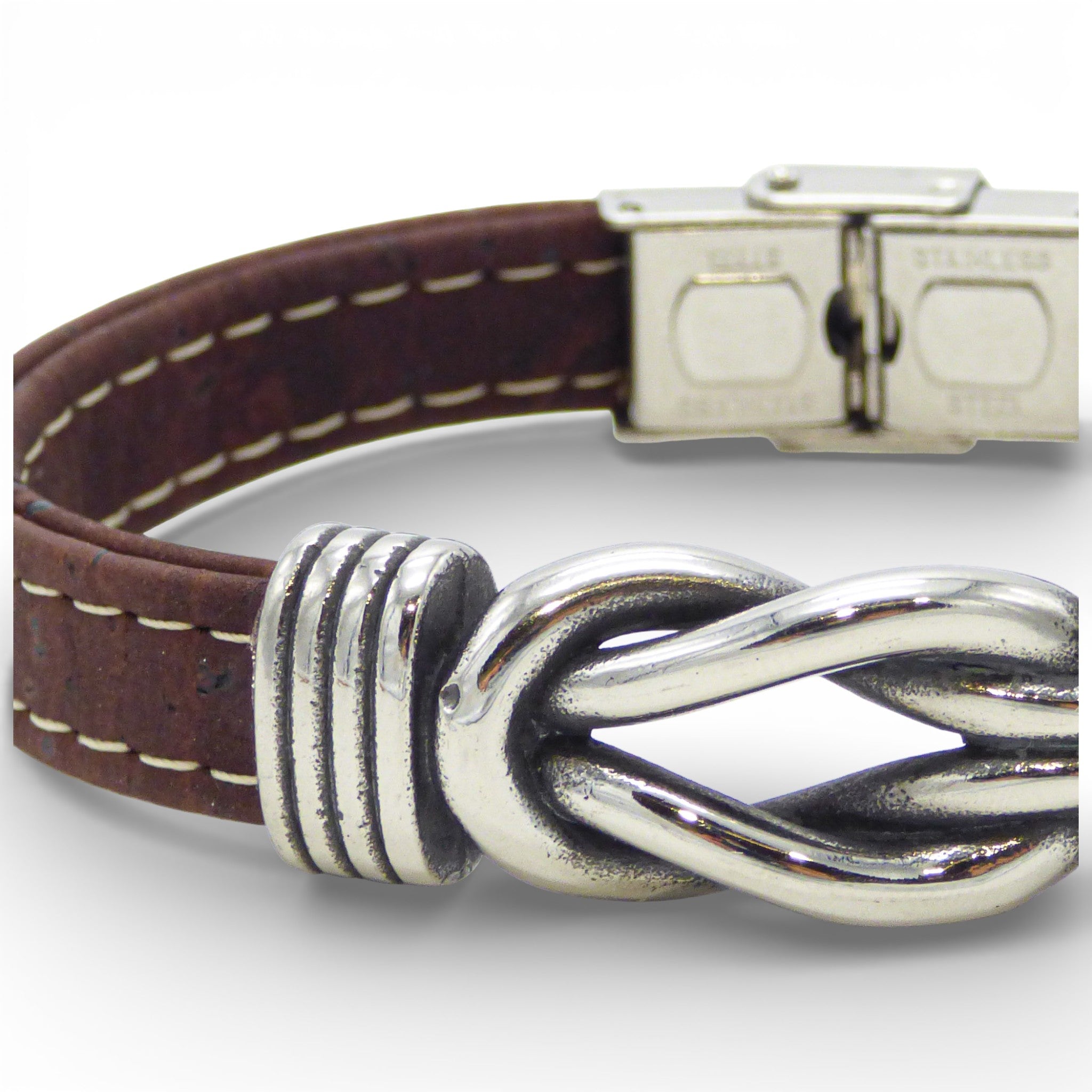 Dark brown steel knot bracelet for men by Cork Colors, featuring a unique cork and marine design detail.