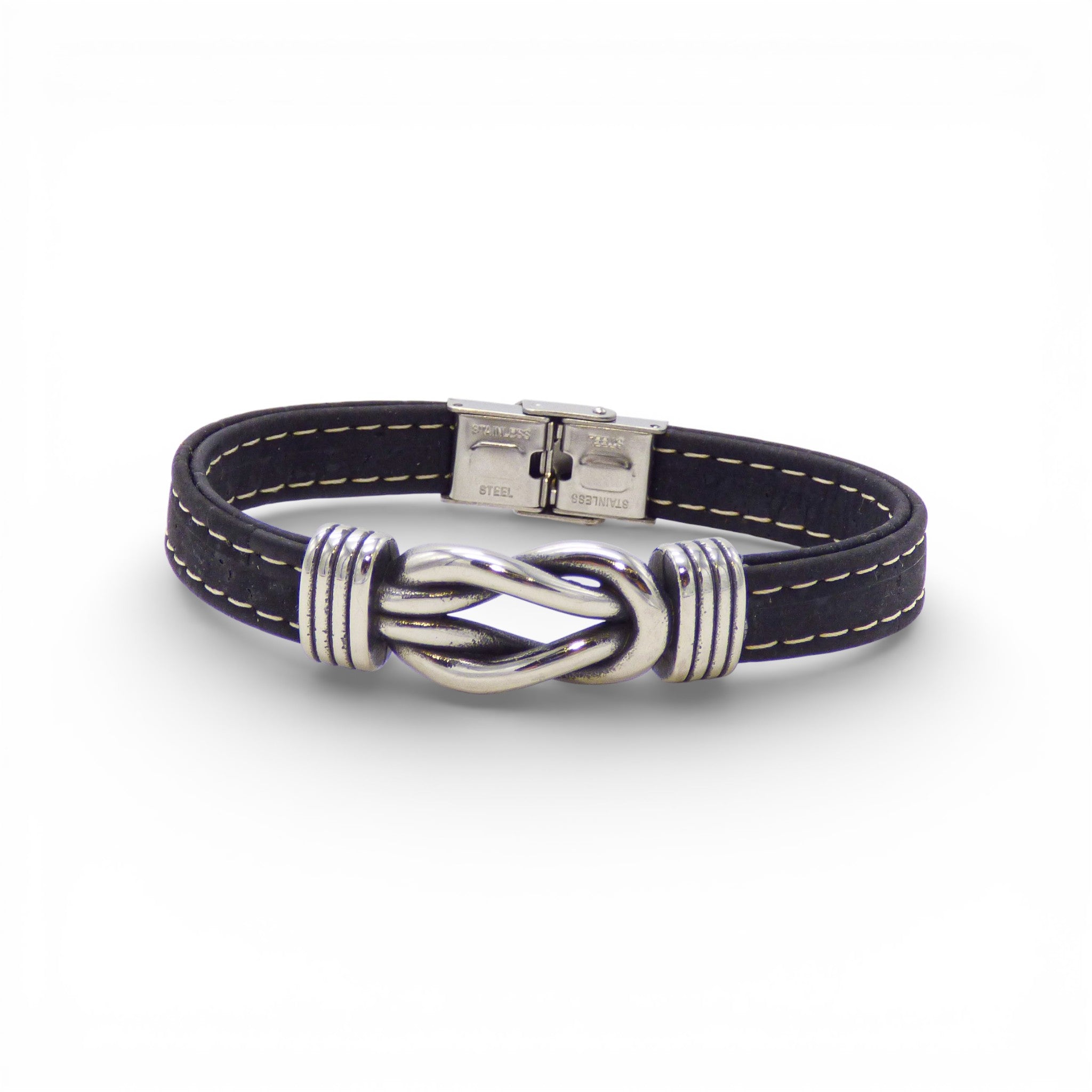 Black stainless steel knot bracelet for men by Cork Colors, featuring a stylish cork design.