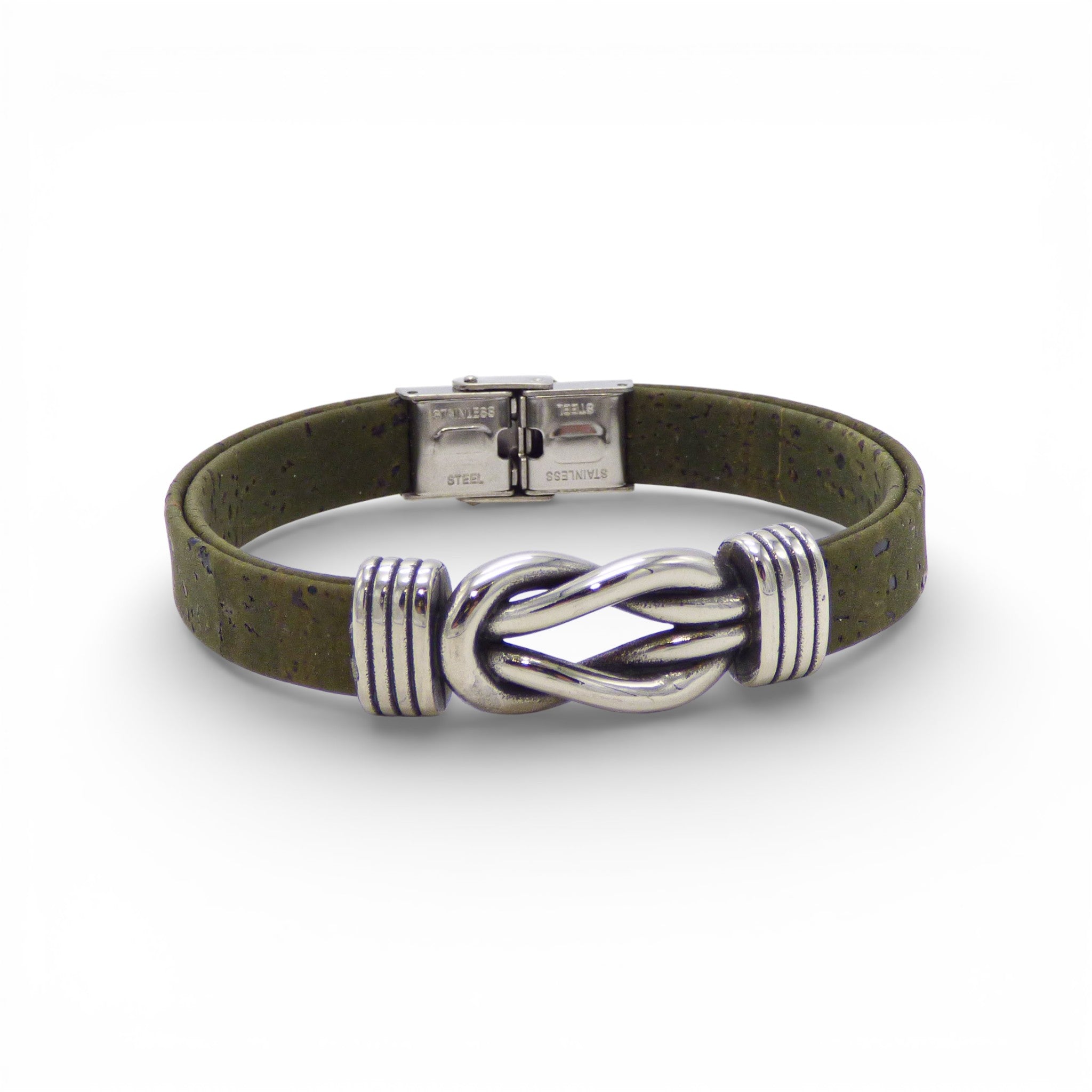Men's stainless steel knot bracelet in green khaki by Cork Colors, featuring a stylish cork design.