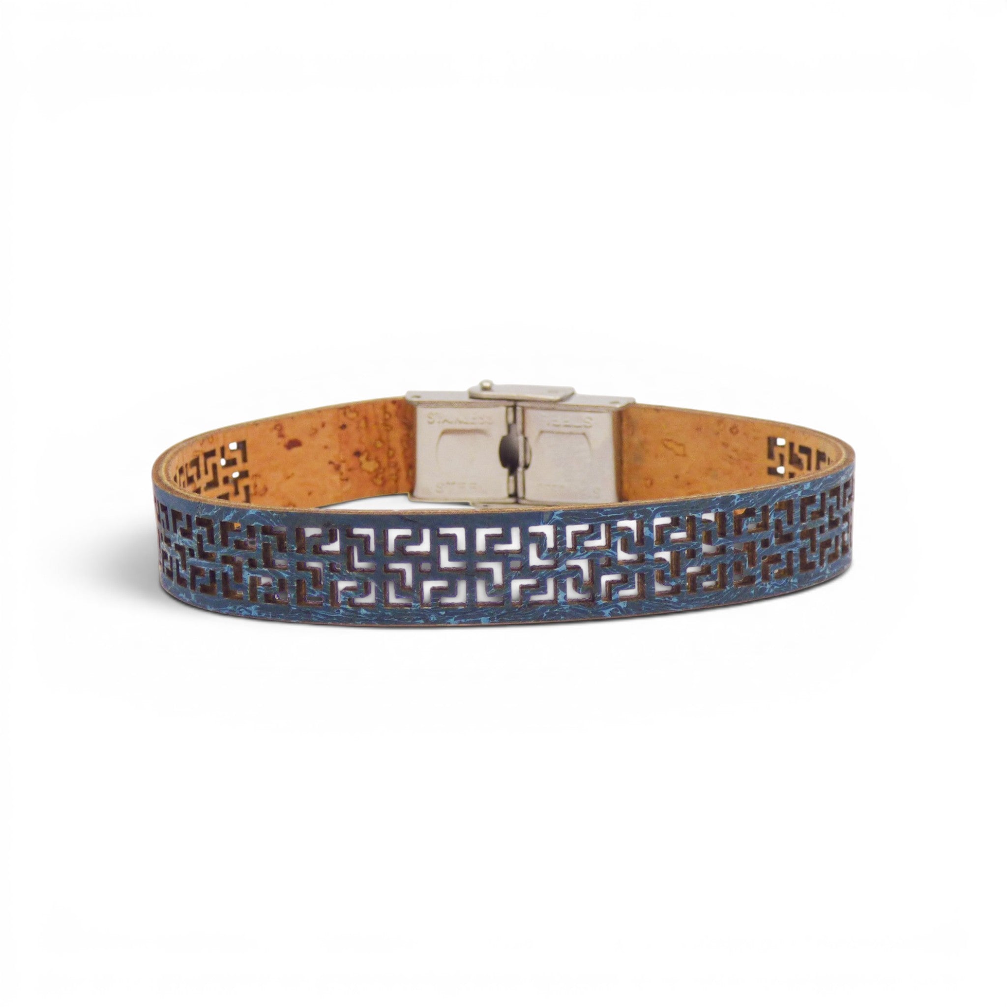 Bracelet large liege ajoure bleu avec motif geometrique