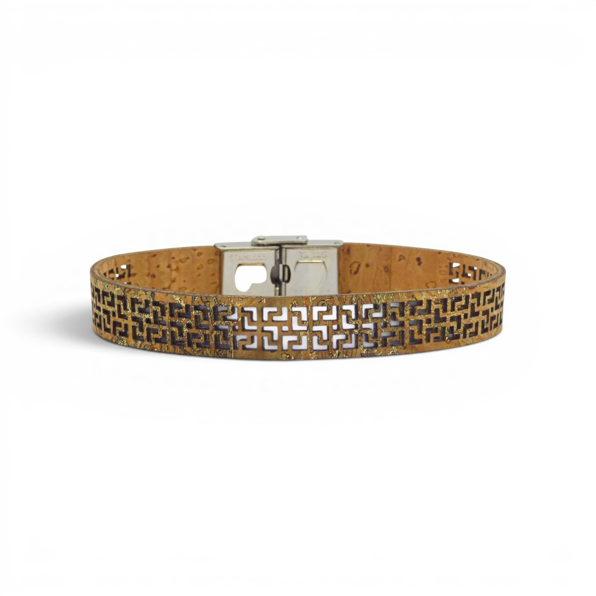 Bracelet liege marron dore ajoure motif geometrique