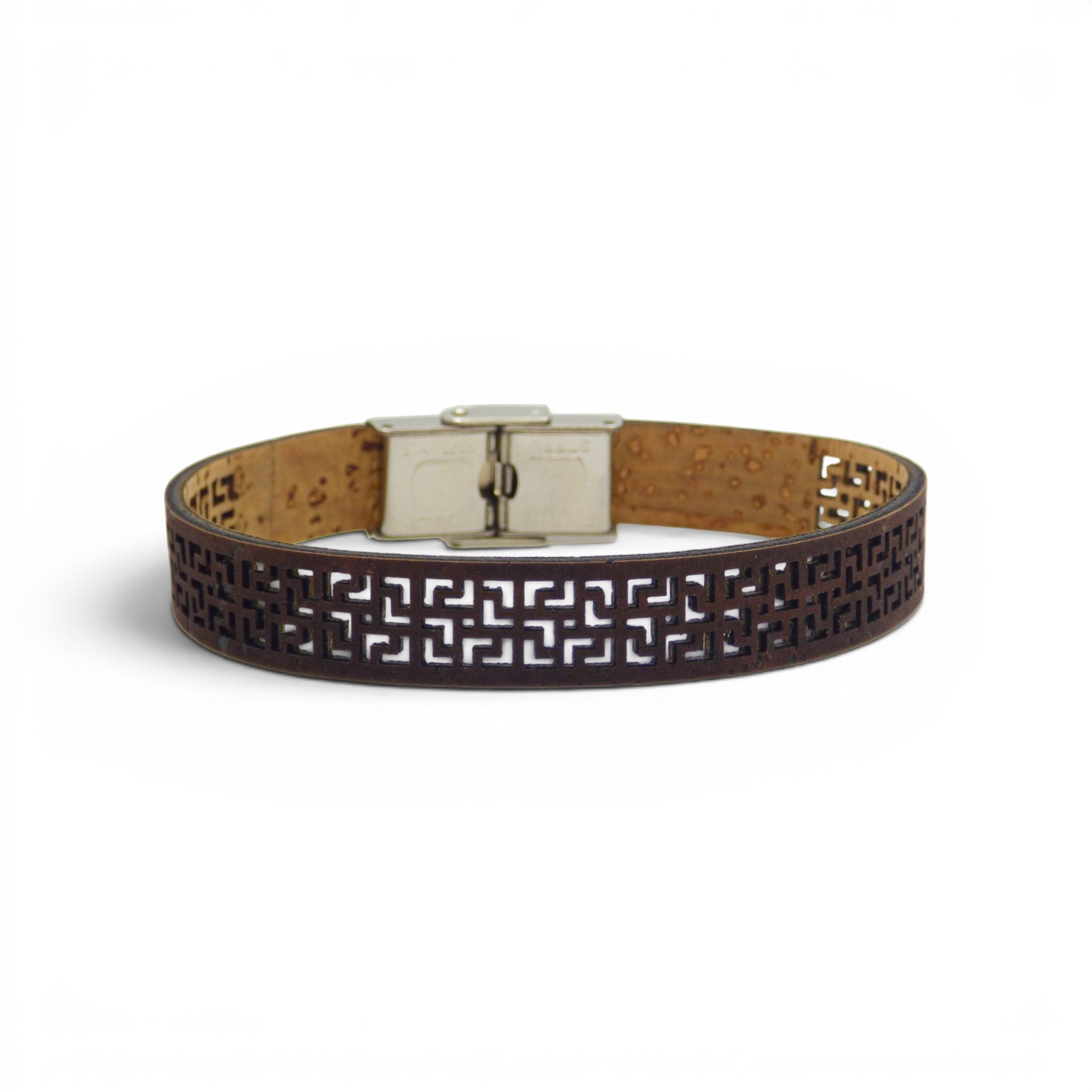 Bracelet large liege marron ajoure geometrique motif