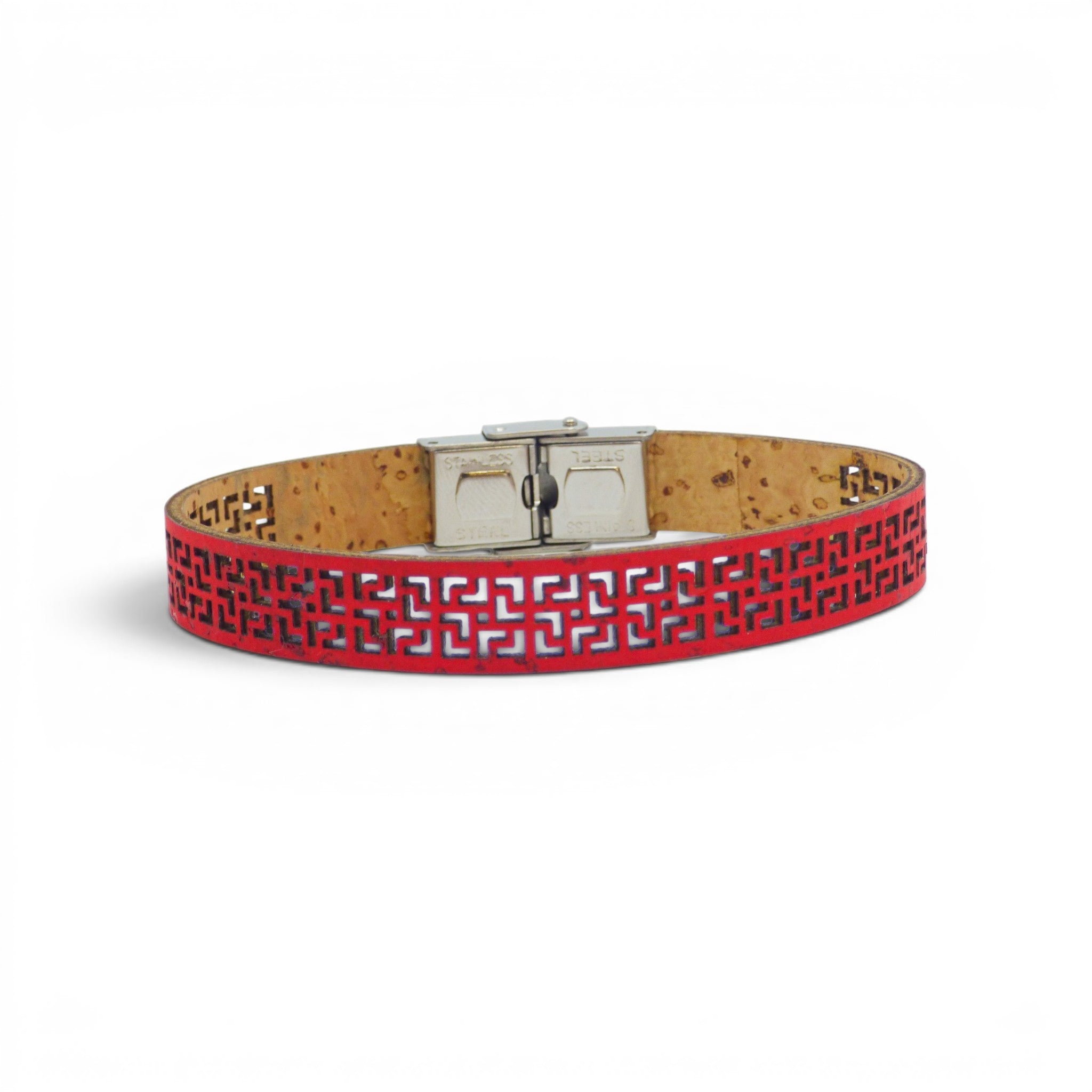 Bracelet large liege rouge motif ajoure geometrique