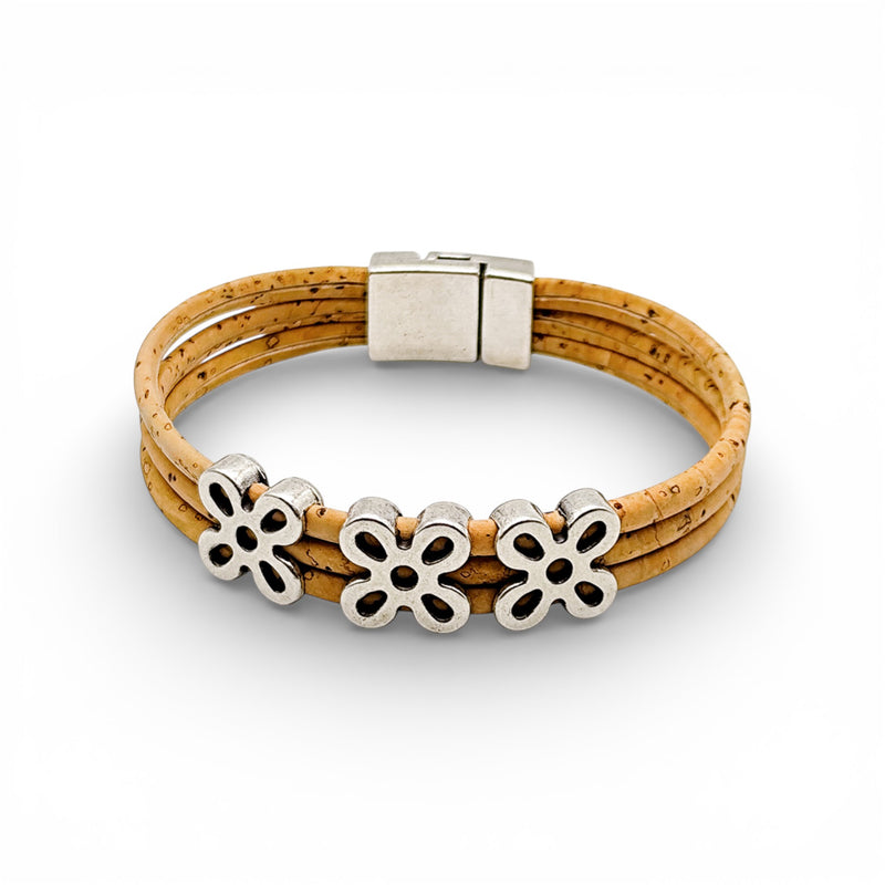Bracelet 3 rangs en liège naturel, fleurs ajourées métal blanchi — Artipel Portugal