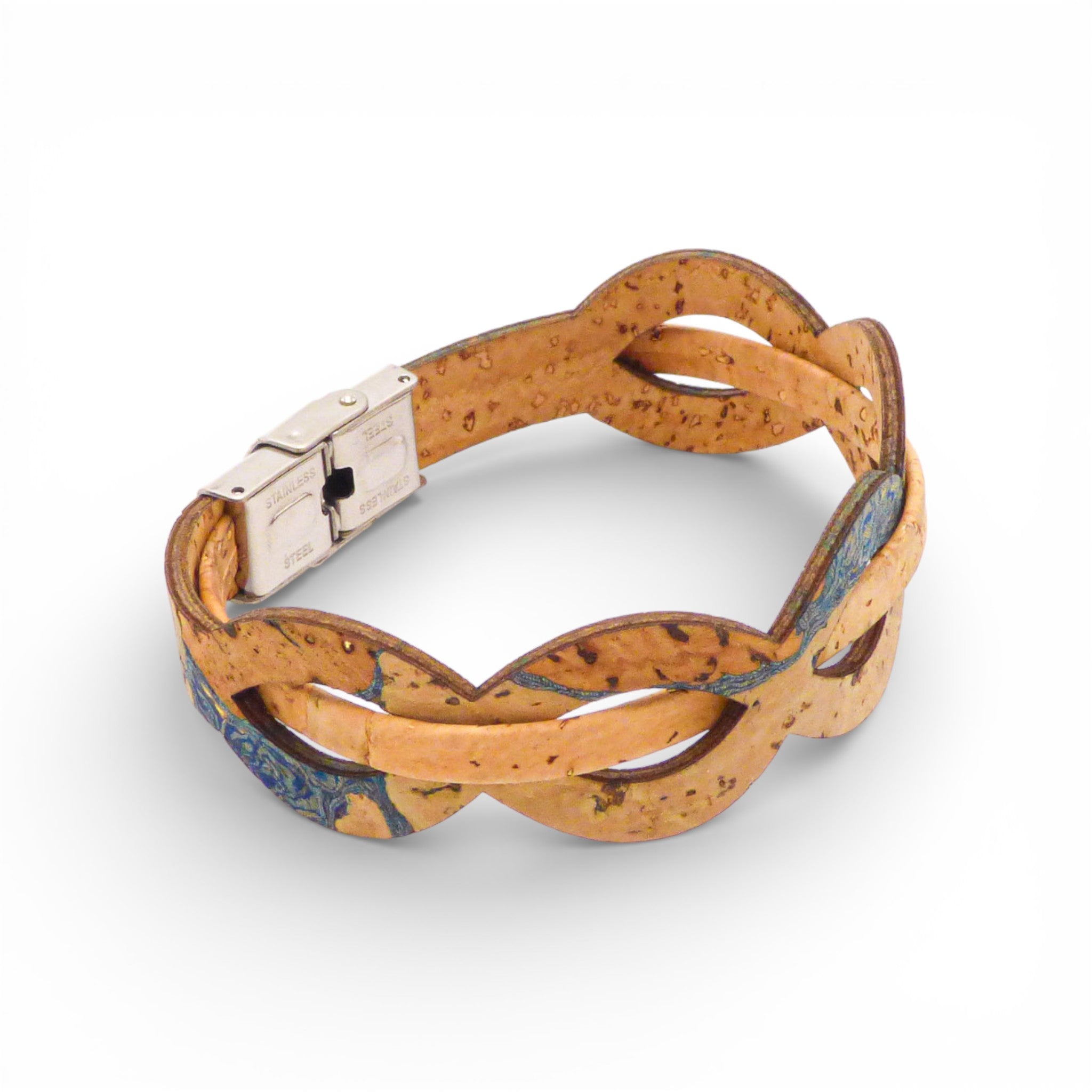 Bracelet entrelacé en liège naturel à reflets bleus — Cork Colors, fermoir acier ouvert, Portugal