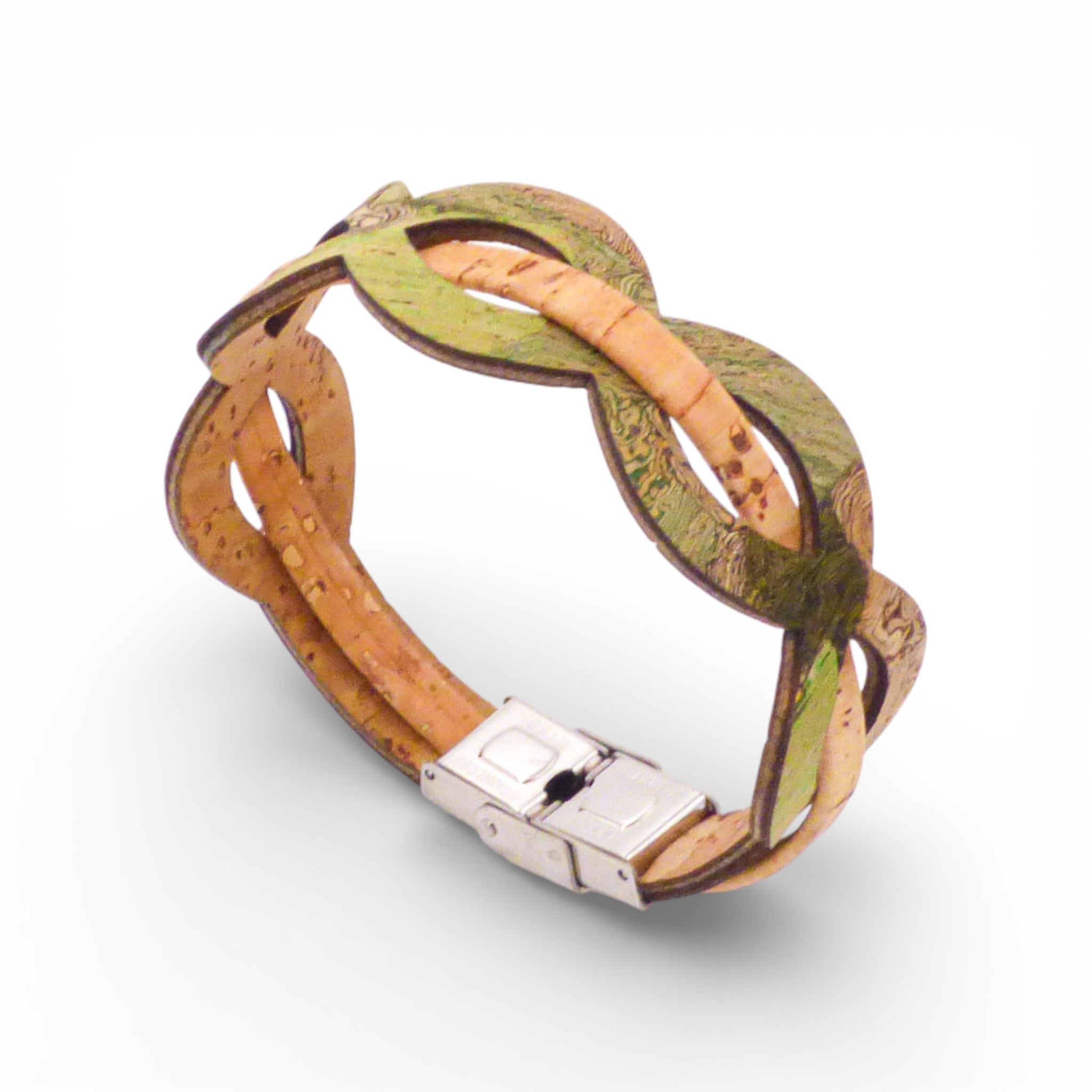 Bracelet entrelacé en liège naturel à reflets verts — Cork Colors, fermoir métal blanchi, Portugal