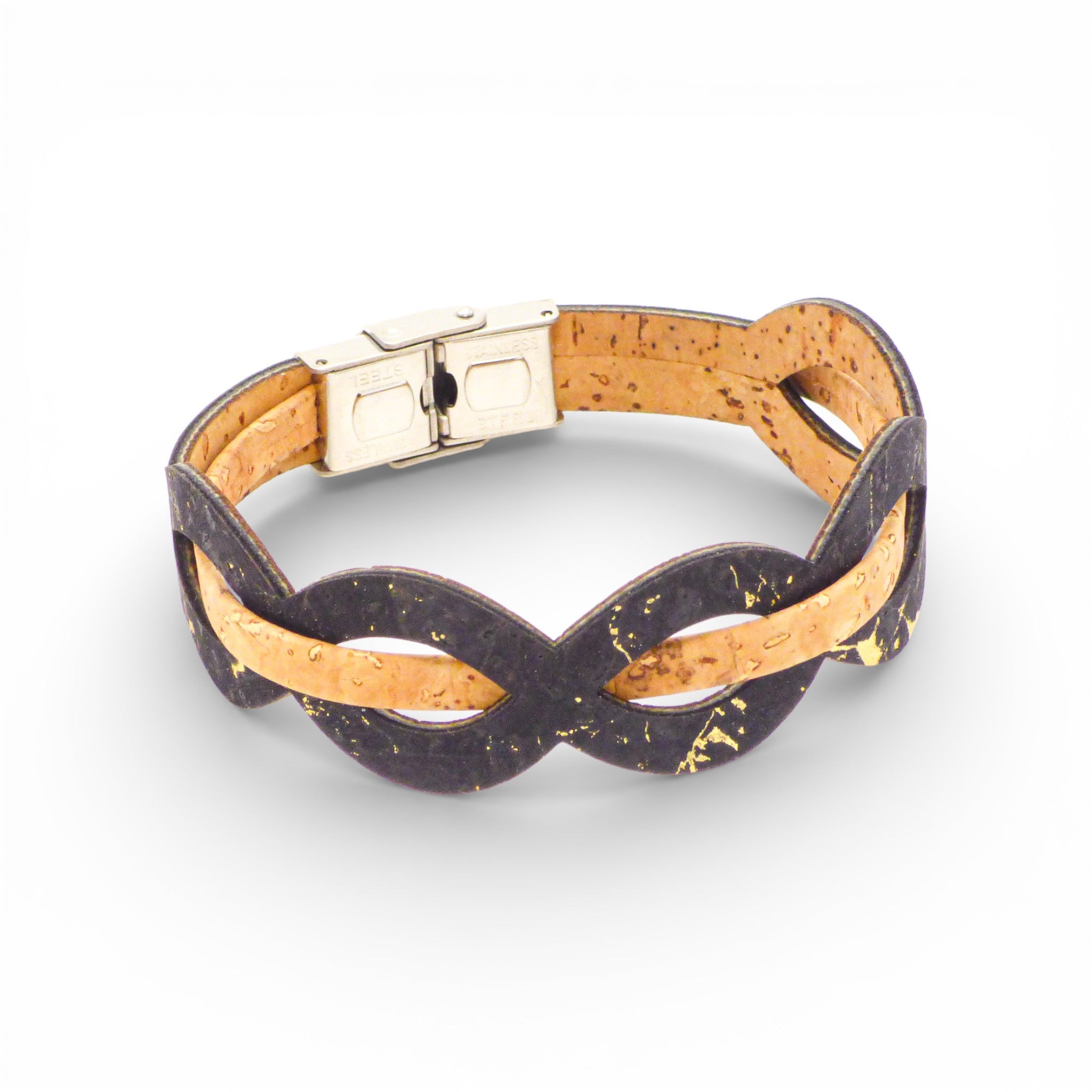 Bracelet entrelacé en liège noir moucheté or — Cork Colors, fermoir métal blanchi, Portugal