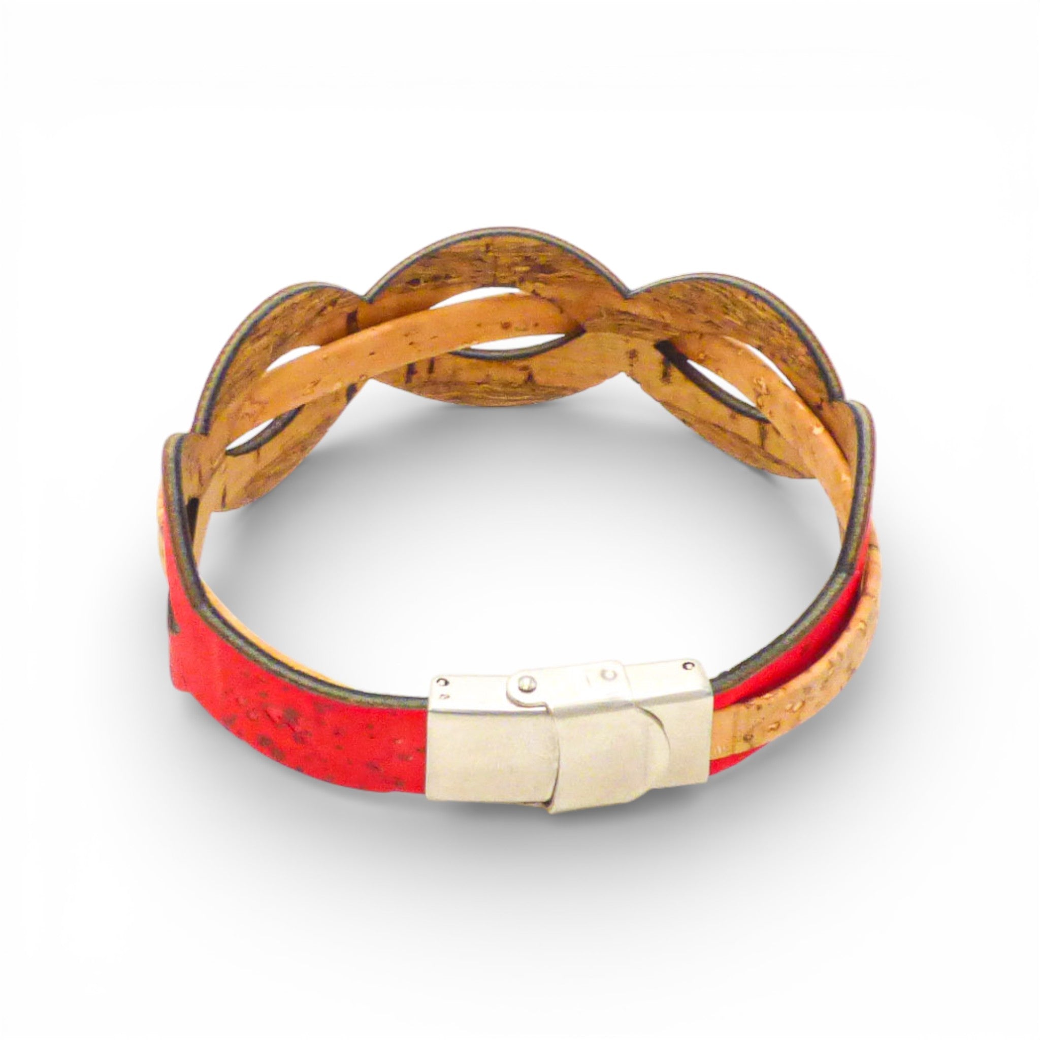 Dos d'un bracelet entrelacé en liège rouge et naturel — Cork Colors, fermoir métal blanchi, Portugal