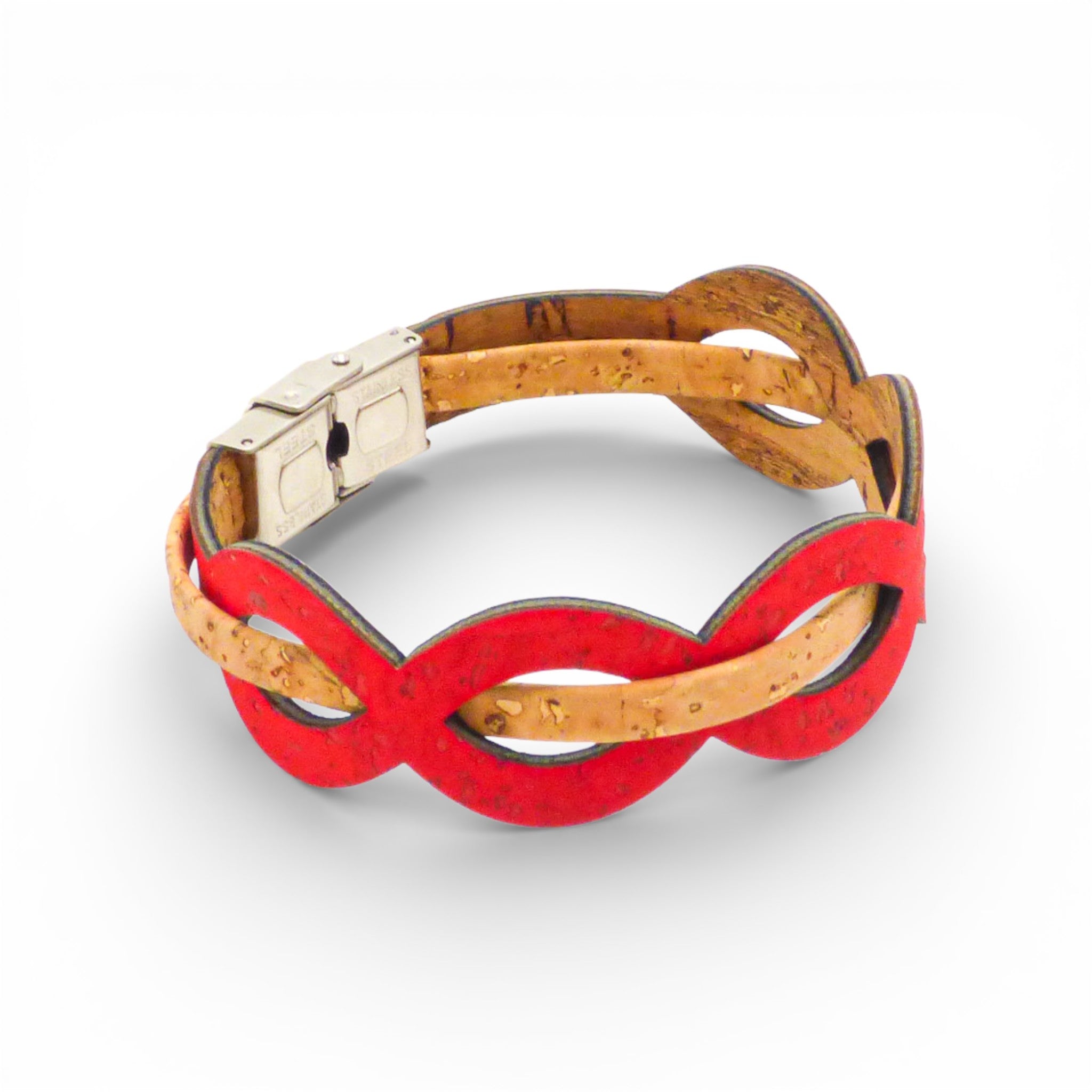 Bicolored red women's cork bracelet with an infinity wave pattern by Cork Colors.