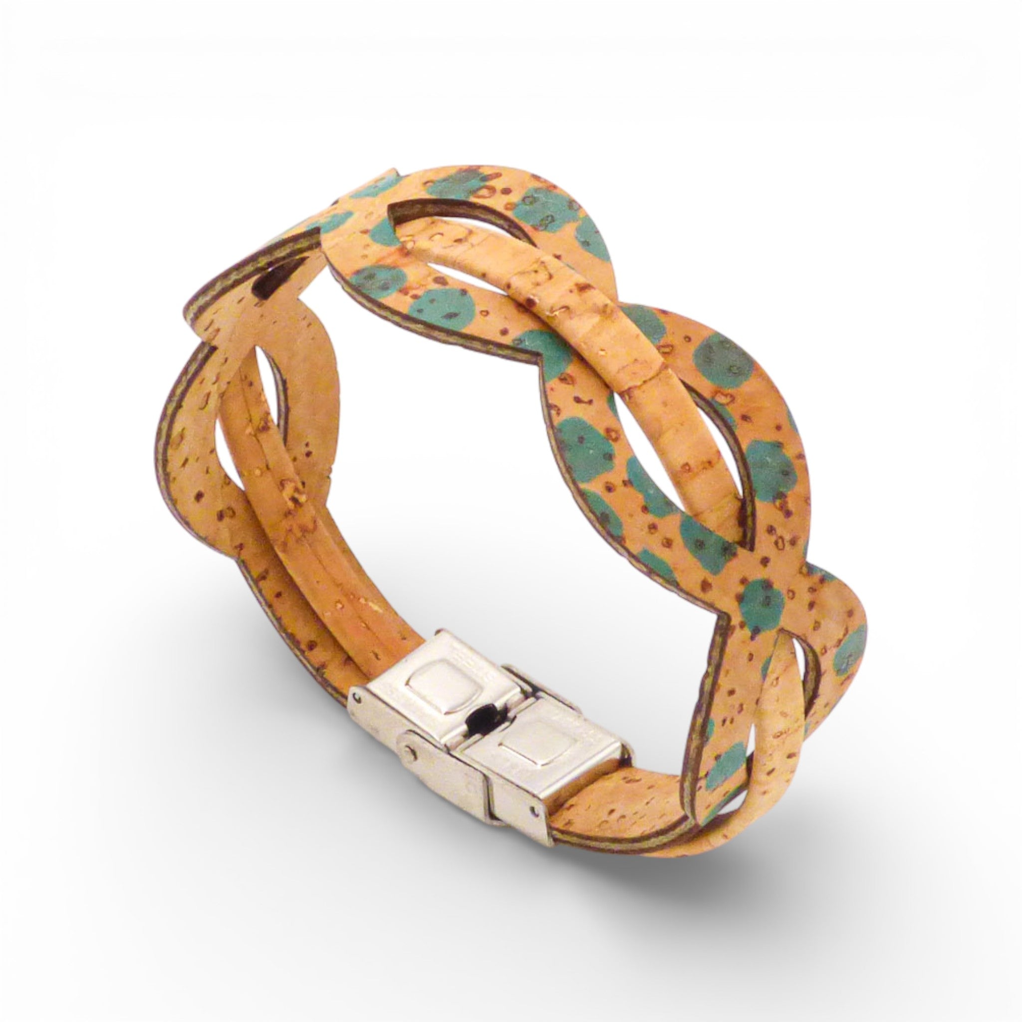 Bracelet entrelacé en liège naturel moucheté turquoise — Cork Colors, fermoir métal blanchi, Portugal