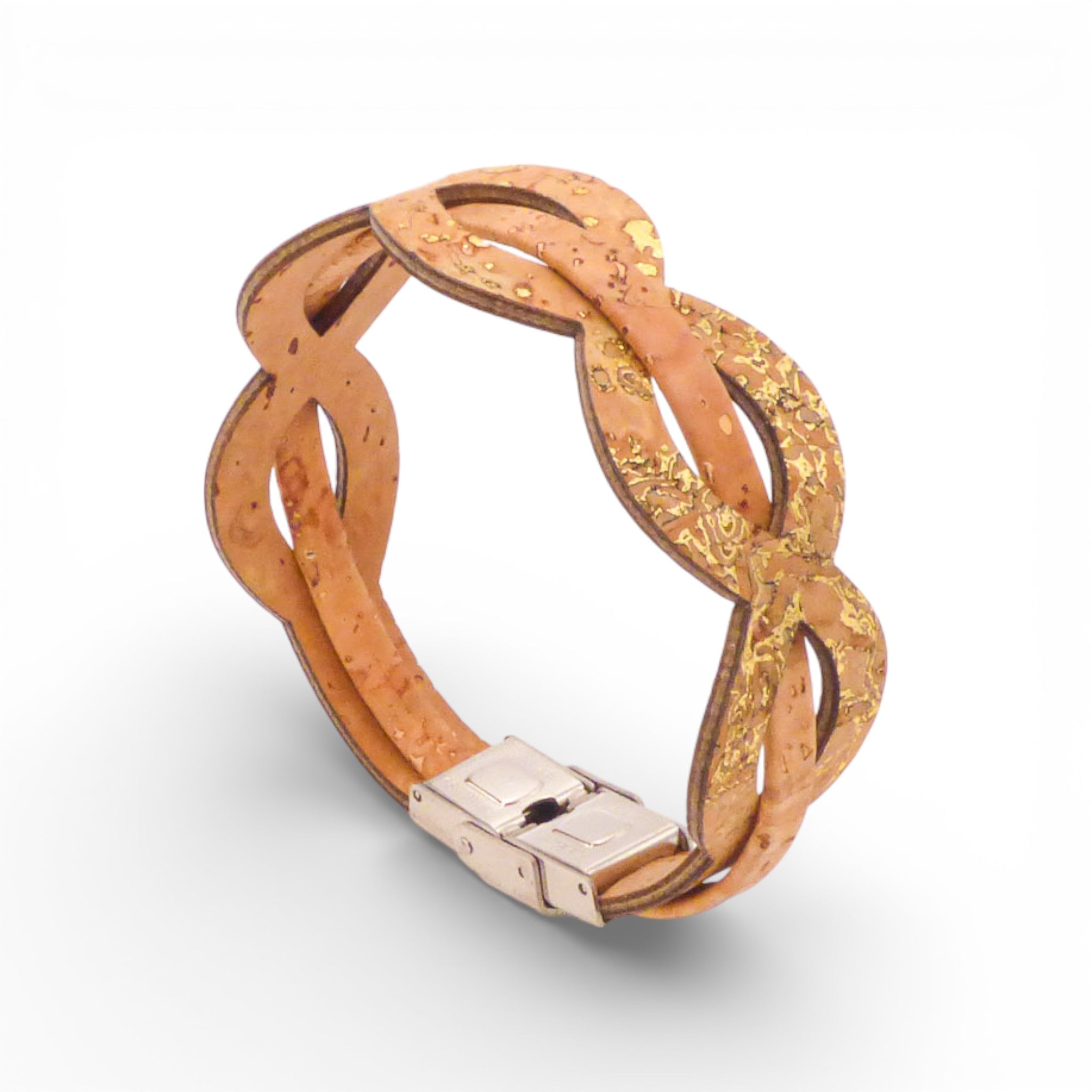 Bracelet entrelacé en liège naturel pailleté or — Cork Colors, vague tressée, fermoir métal, Portugal