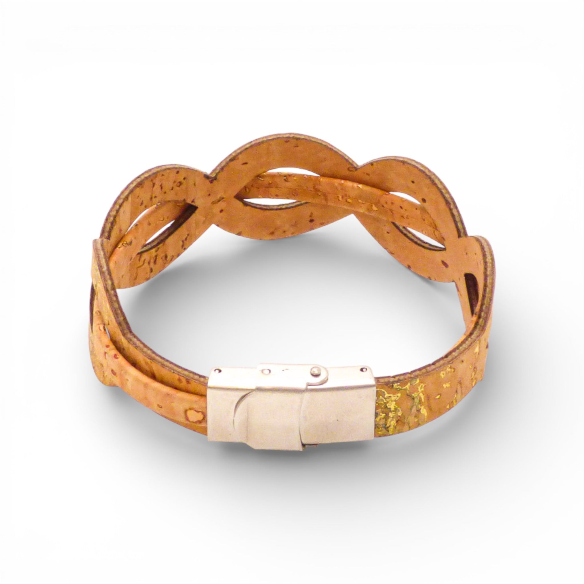 Dos d'un bracelet entrelacé en liège naturel pailleté or — Cork Colors, fermoir métal blanchi, Portugal