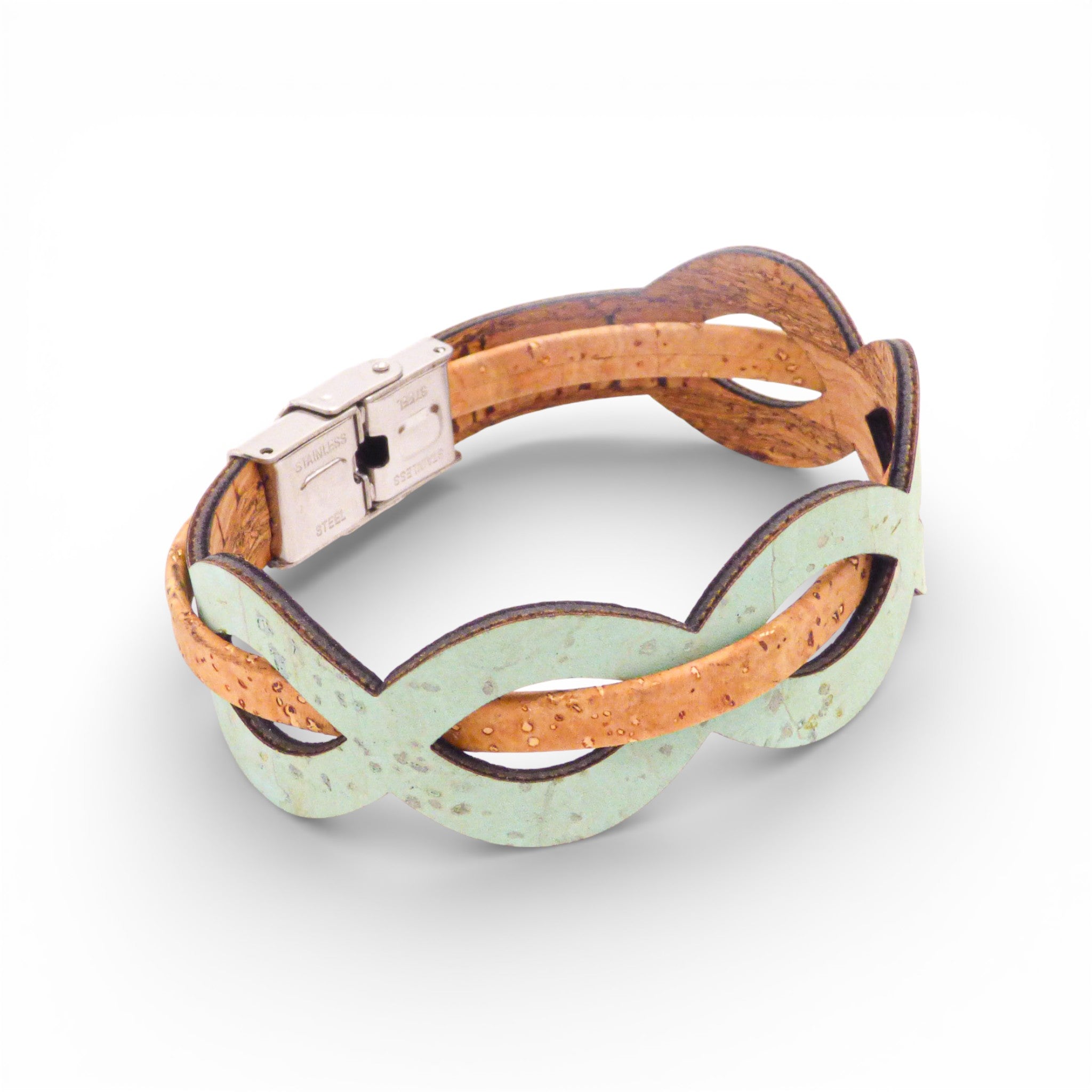 Bracelet entrelacé en liège vert d'eau et naturel — Cork Colors, fermoir métal blanchi, Portugal