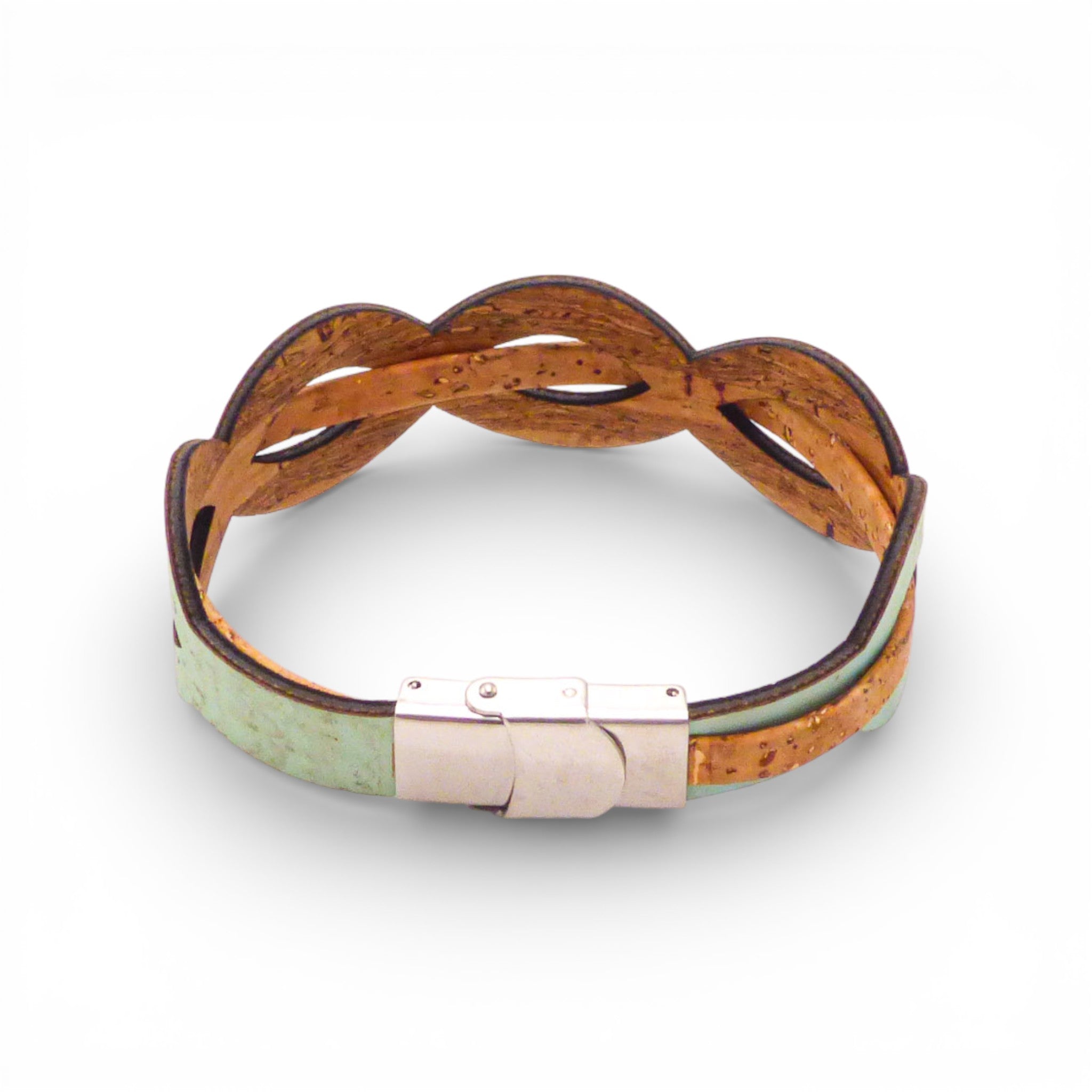 Dos d'un bracelet entrelacé en liège vert d'eau et naturel — Cork Colors, fermoir métal blanchi, Portugal