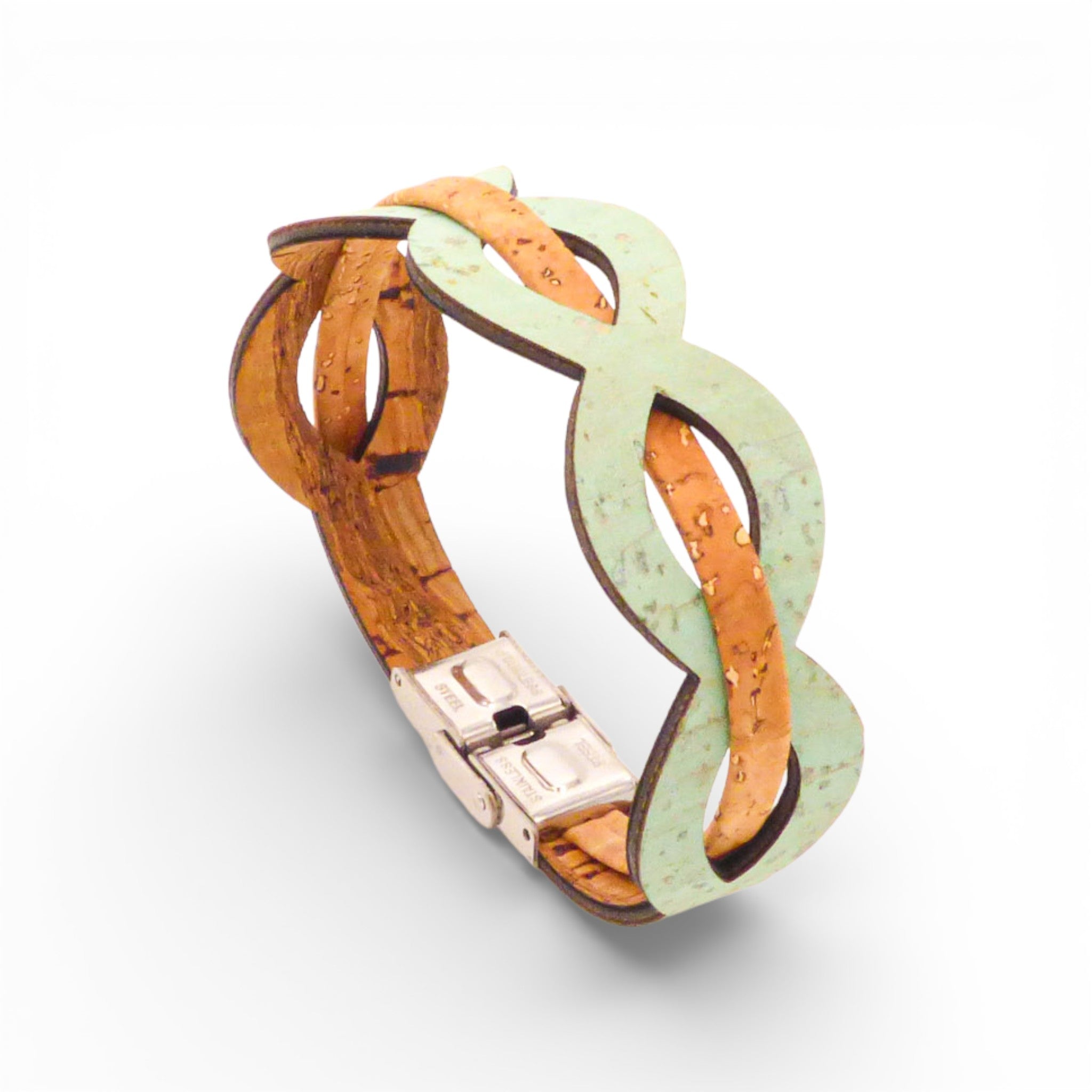 Bracelet entrelacé en liège vert d'eau et naturel — Cork Colors, vague tressée, fermoir métal, Portugal