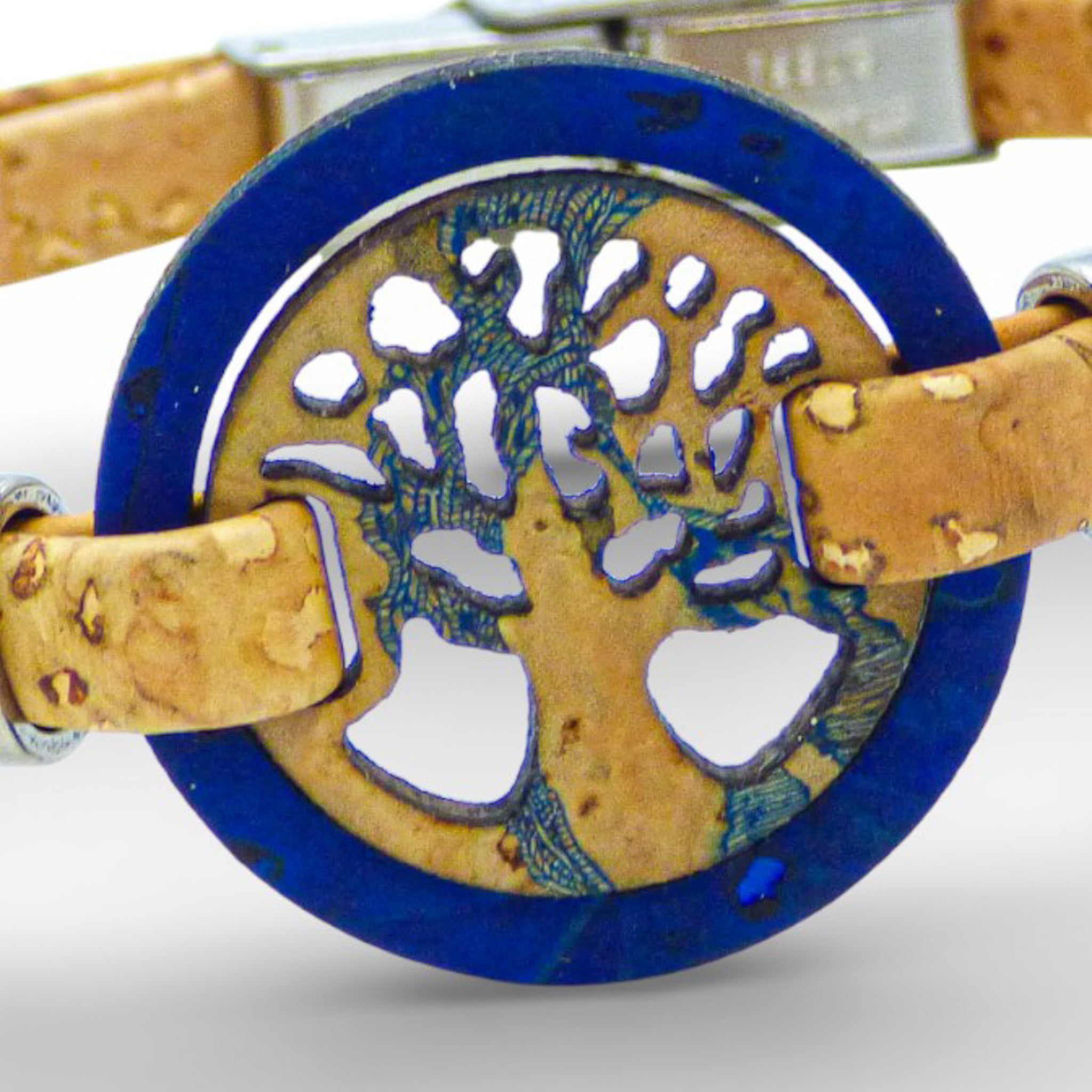 Blue Tree of Life medallion bracelet for women by Cork Colors, featuring a cork design with intricate details.