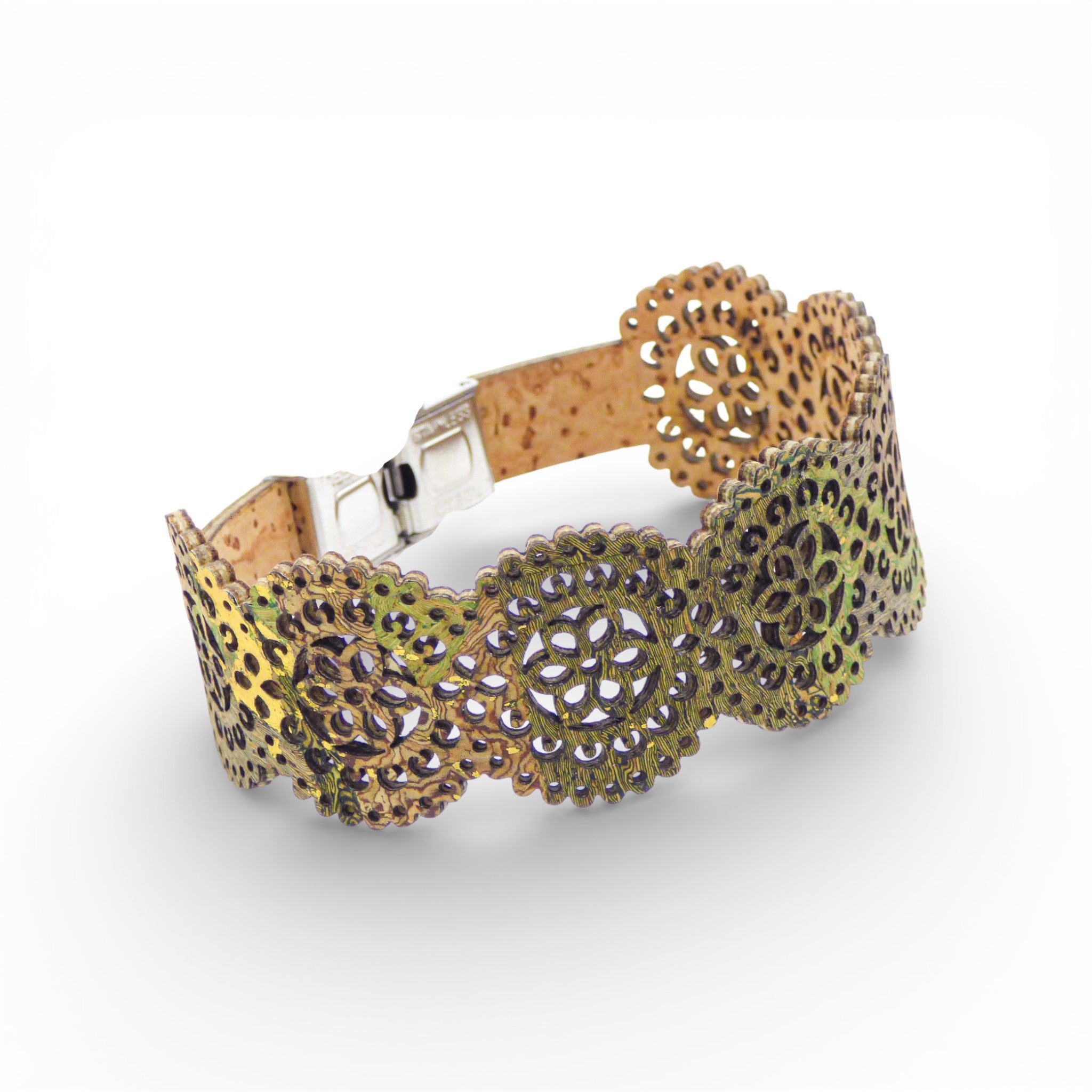 Cork Colors "Rosace" cuff bracelet featuring green and gold lace design with stainless steel clasp.