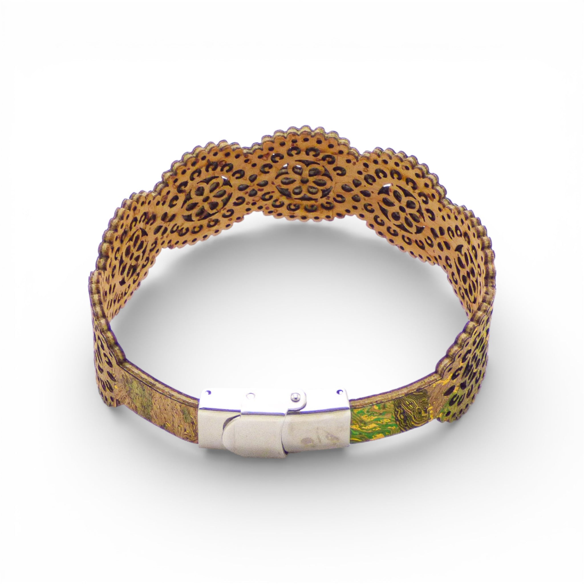Bracelet manchette Rosace de profil — liège souple et fermoir acier inox