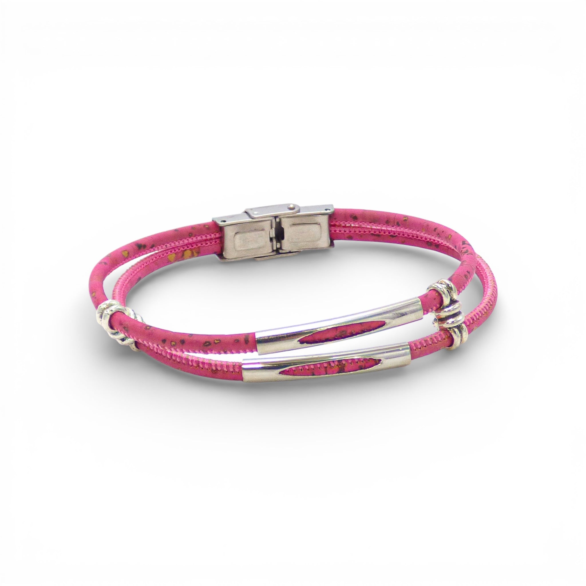 Minimalist double cord bracelet in fuchsia by Cork Colors, featuring a sleek silver stainless steel link.