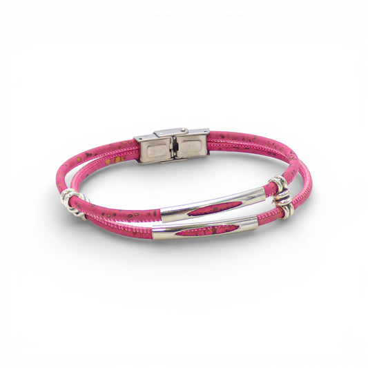 Minimalist double cord bracelet in fuchsia by Cork Colors, featuring a sleek silver stainless steel link.
