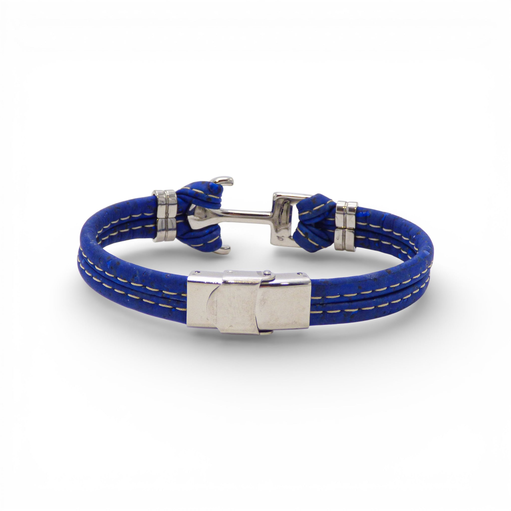 Blue electric men's anchor marine bracelet by Cork Colors, featuring a cork design and adjustable closure on the back.