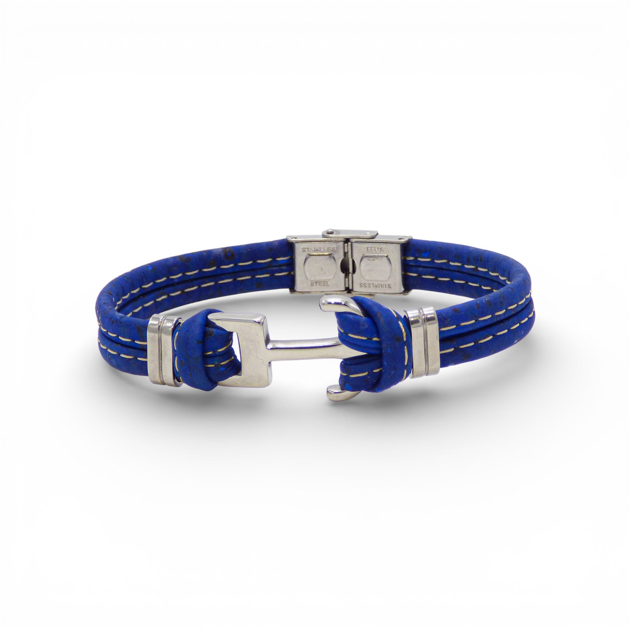 Bracelet homme cordon de liège bleu roi à ancre marine acier — Cork Colors, Portugal