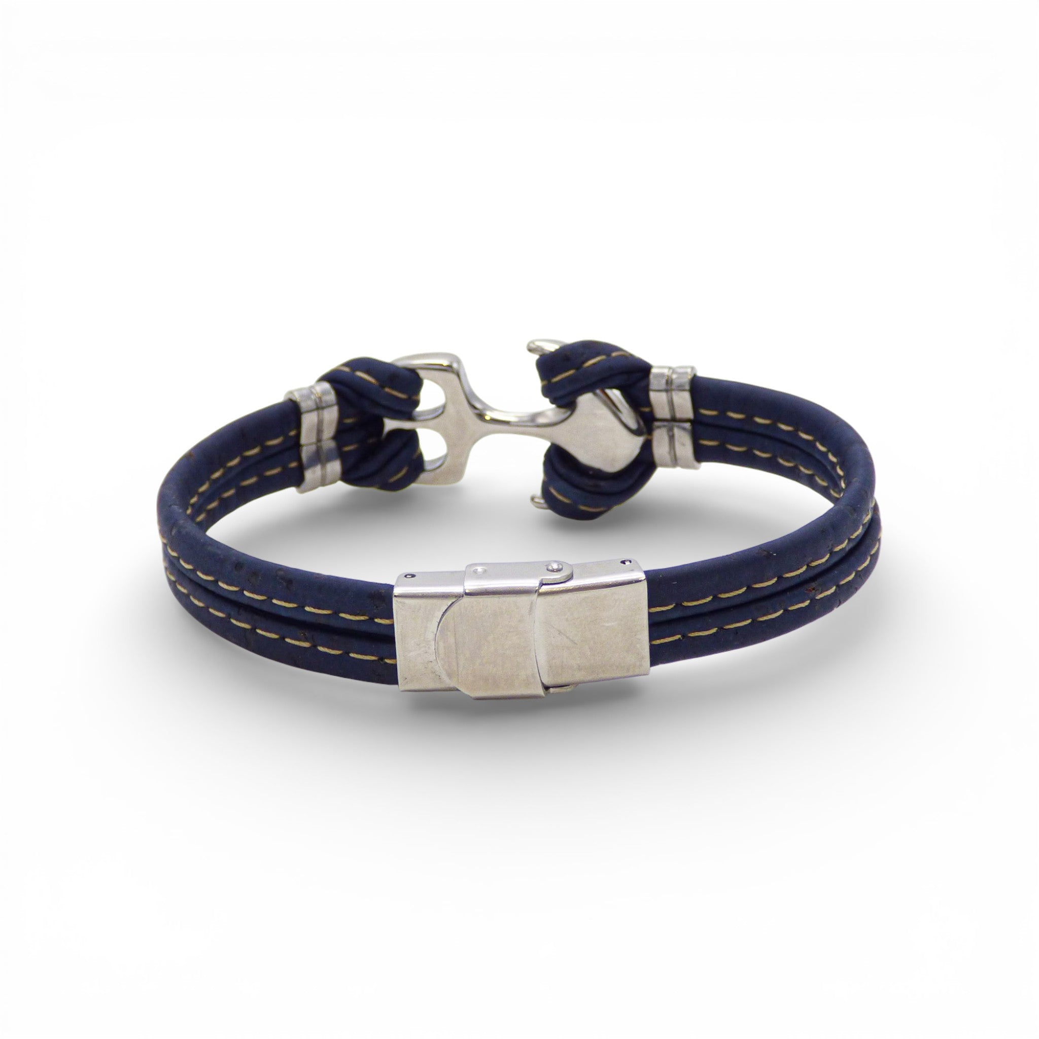 Bracelet liège bleu marine, fermoir boucle acier visible — Cork Colors ancre marine, Portugal