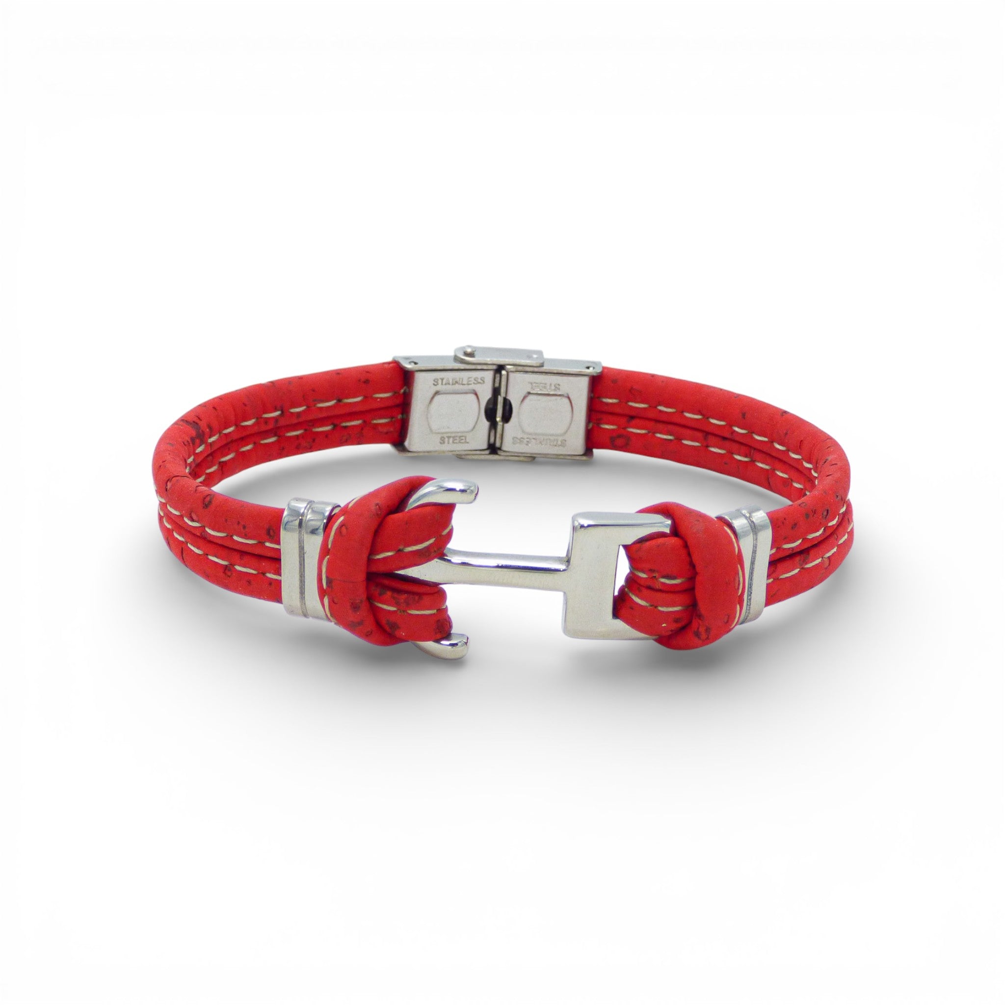 Bracelet homme cordon de liège rouge à ancre marine acier — Cork Colors, Portugal