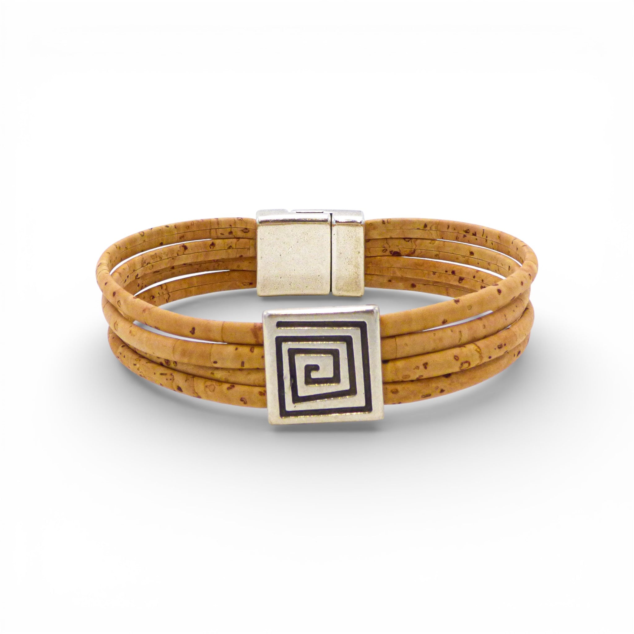 Triple cord natural cork bracelet "Grecque" for men by Artipel with silver spiral detail.