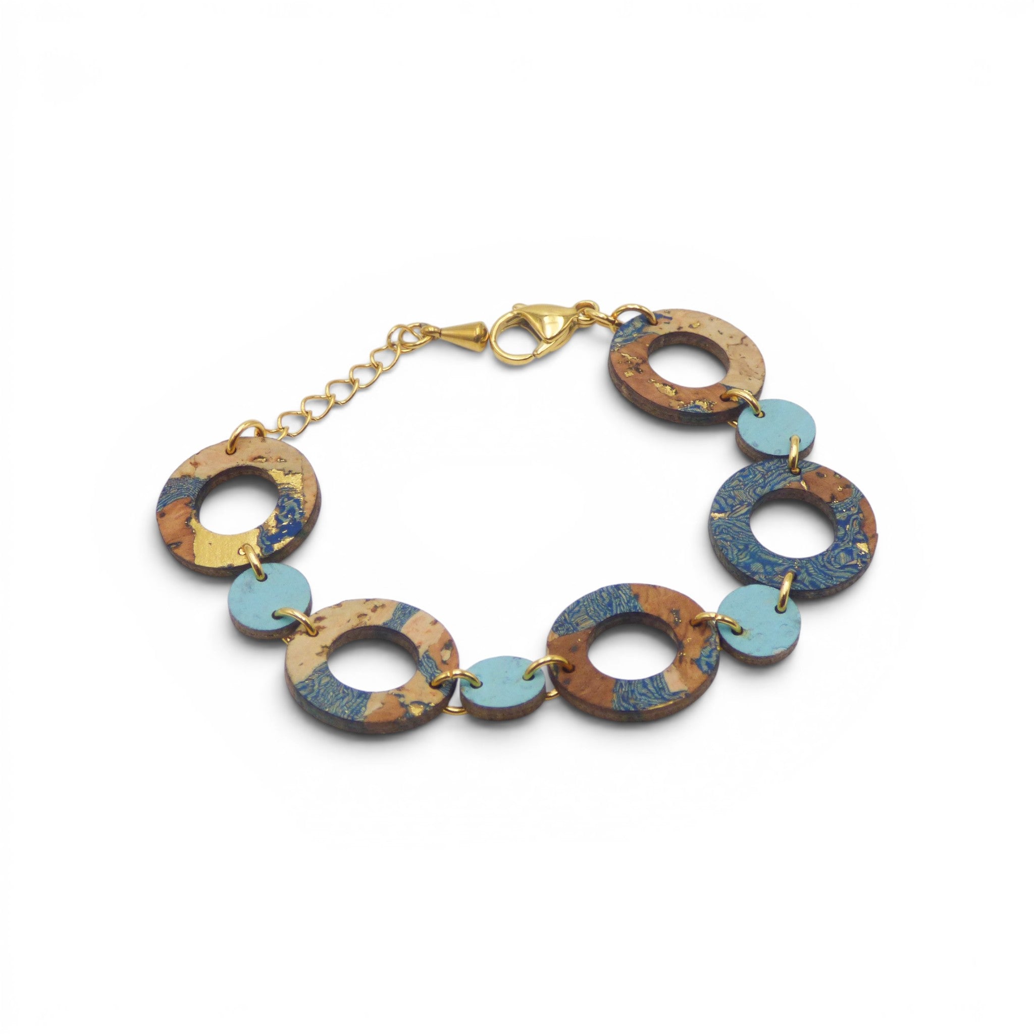 Bracelet liège marron bleu motif azulejos ronds, cadeau original femme écologique artisanal
