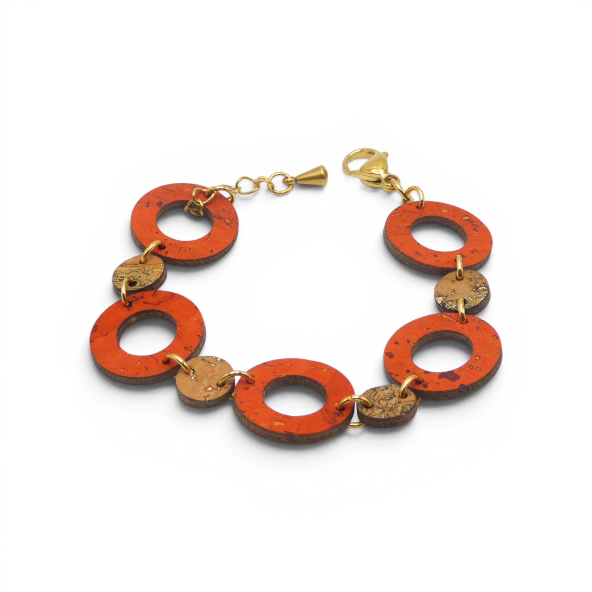 Bracelet en liège teint orange vif ronds alterné petit grand, accessoire vegan artisanal unique