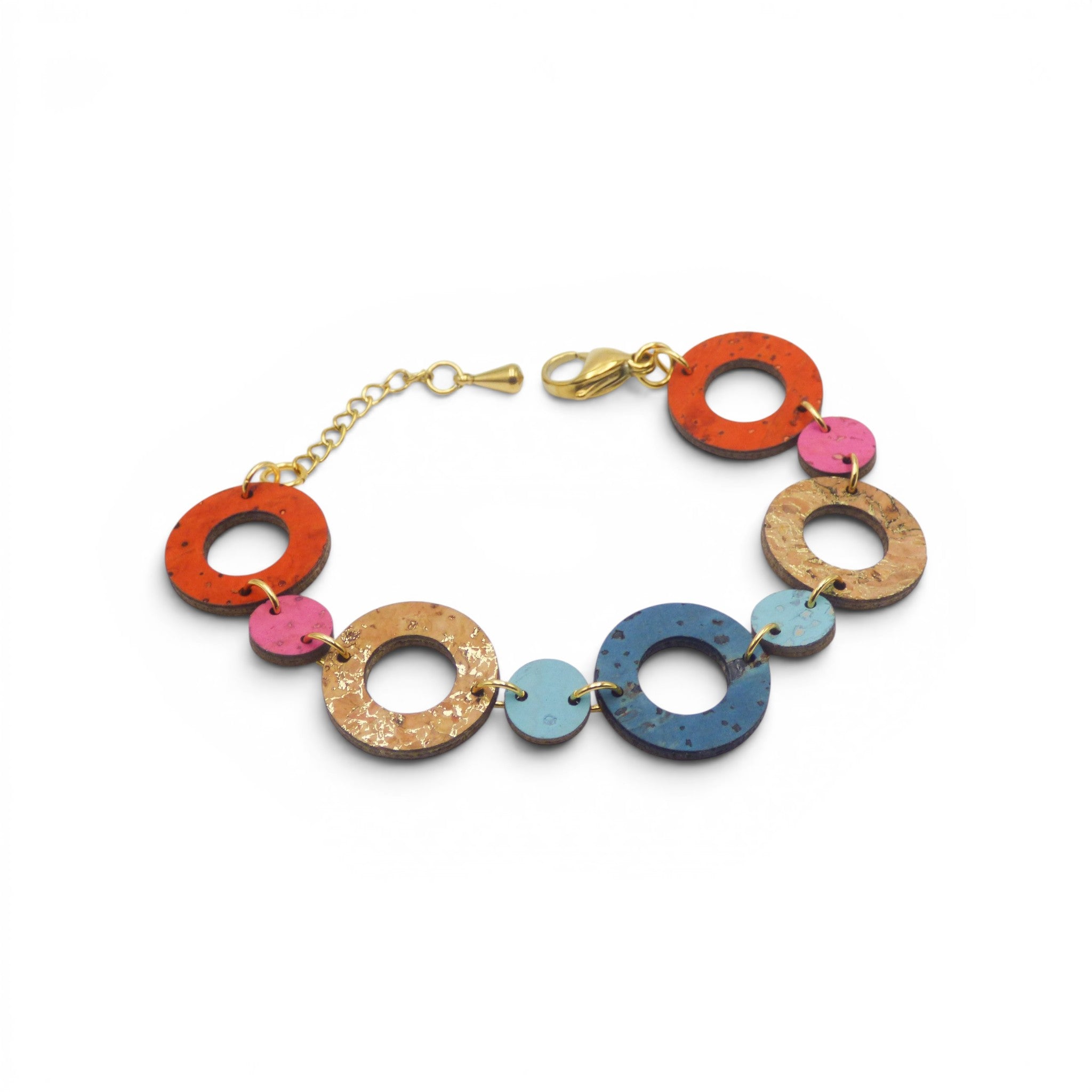 Bracelet liège fin ronds orange rose bleu multicolore, pièce unique artisanat vegan naturalité
