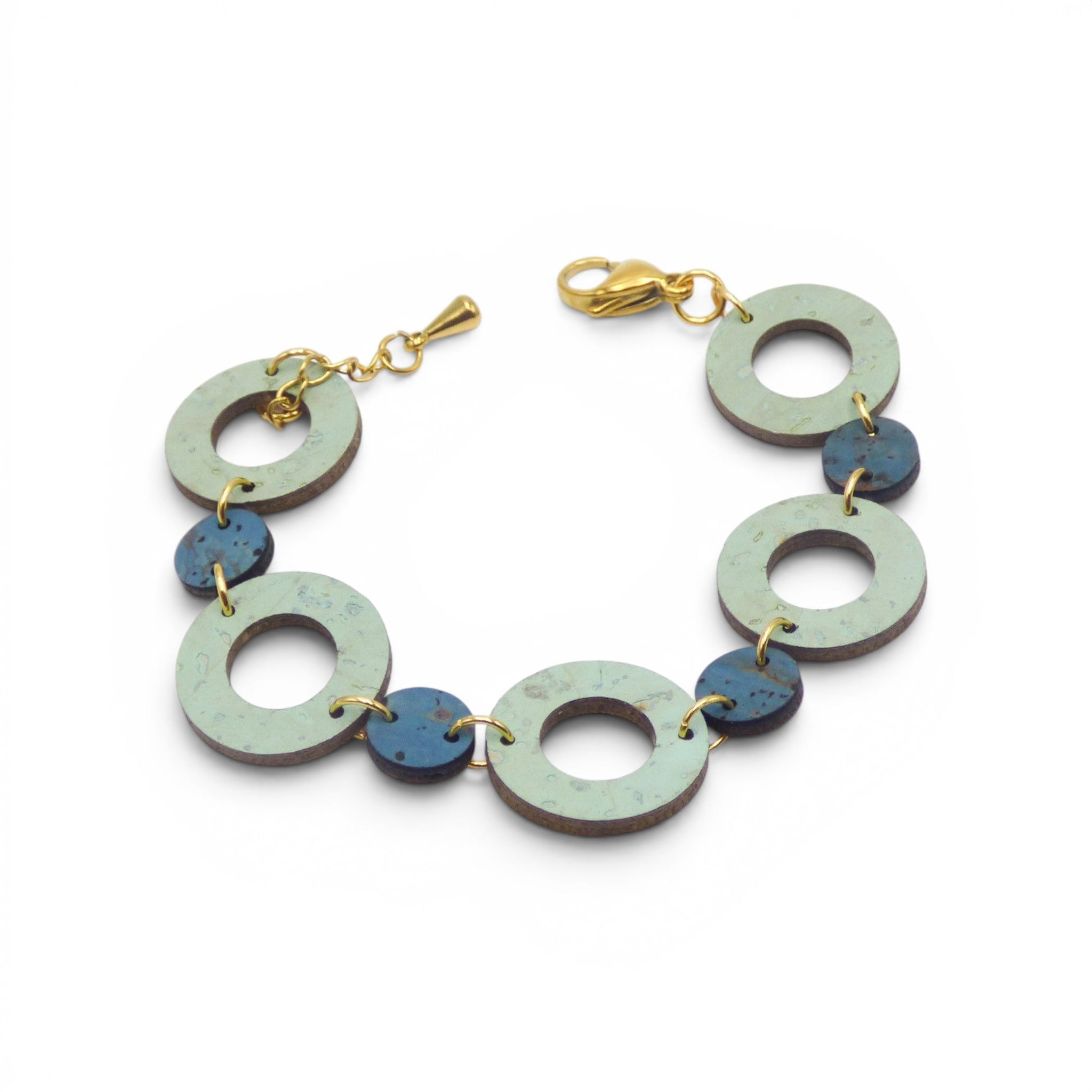 Bracelet en liège vert d'eau et bleu clair ronds petit/grand, bijou léger naturel écolo