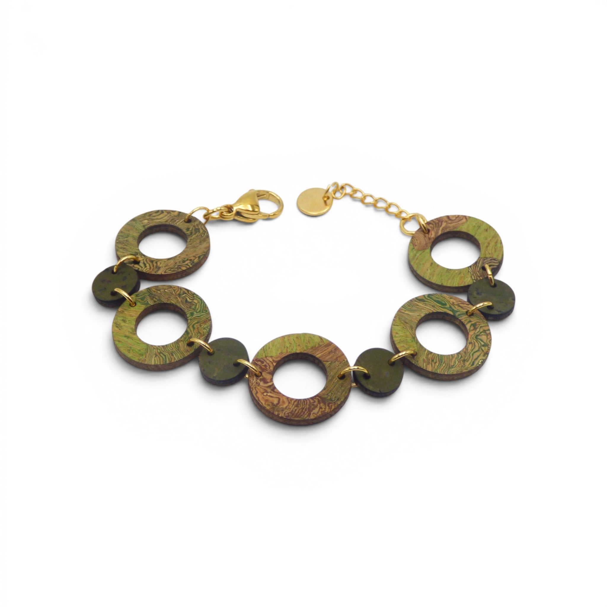 Bracelet en liège vert doré multicolore ronds, accessoire femme style original cadeau écolo