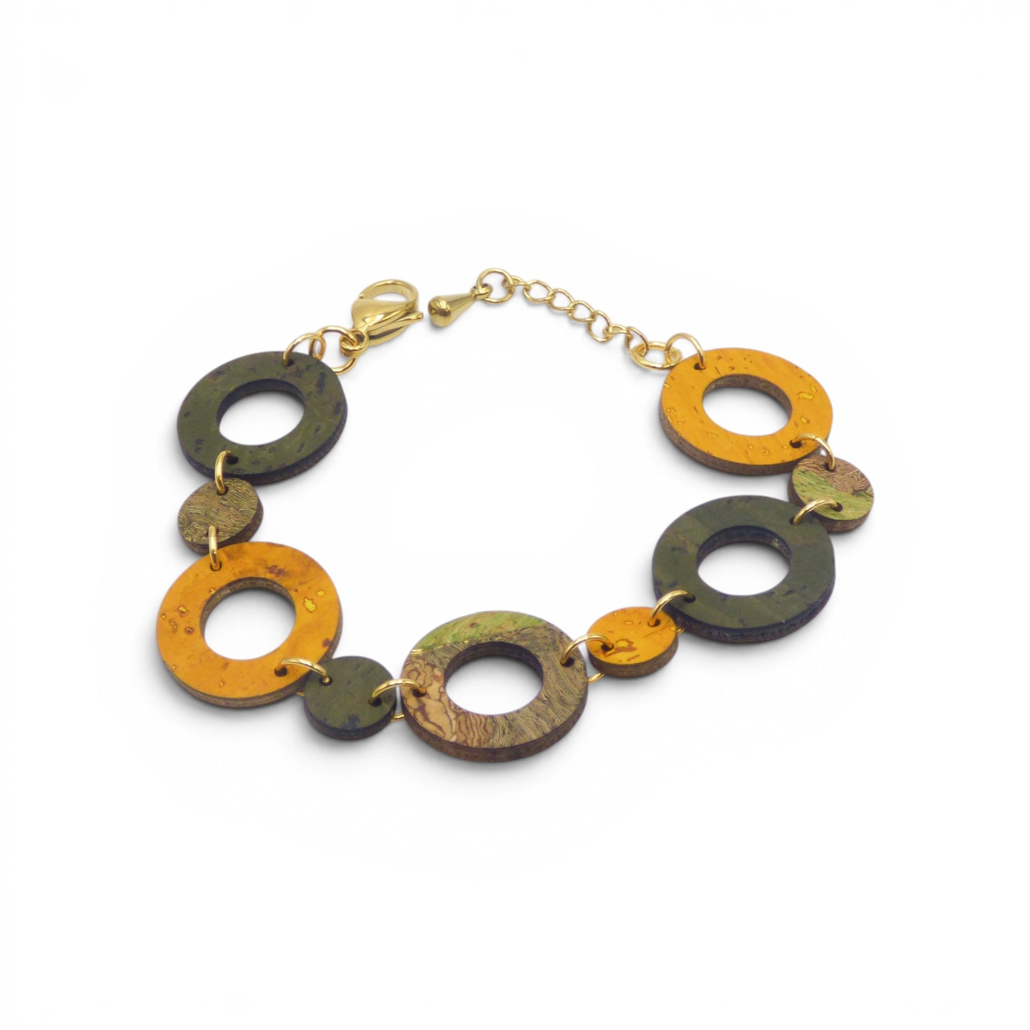 Bracelet fin liège ronds petit et grand en vert d'eau, orange et naturel, pièce unique artisanat Portugal