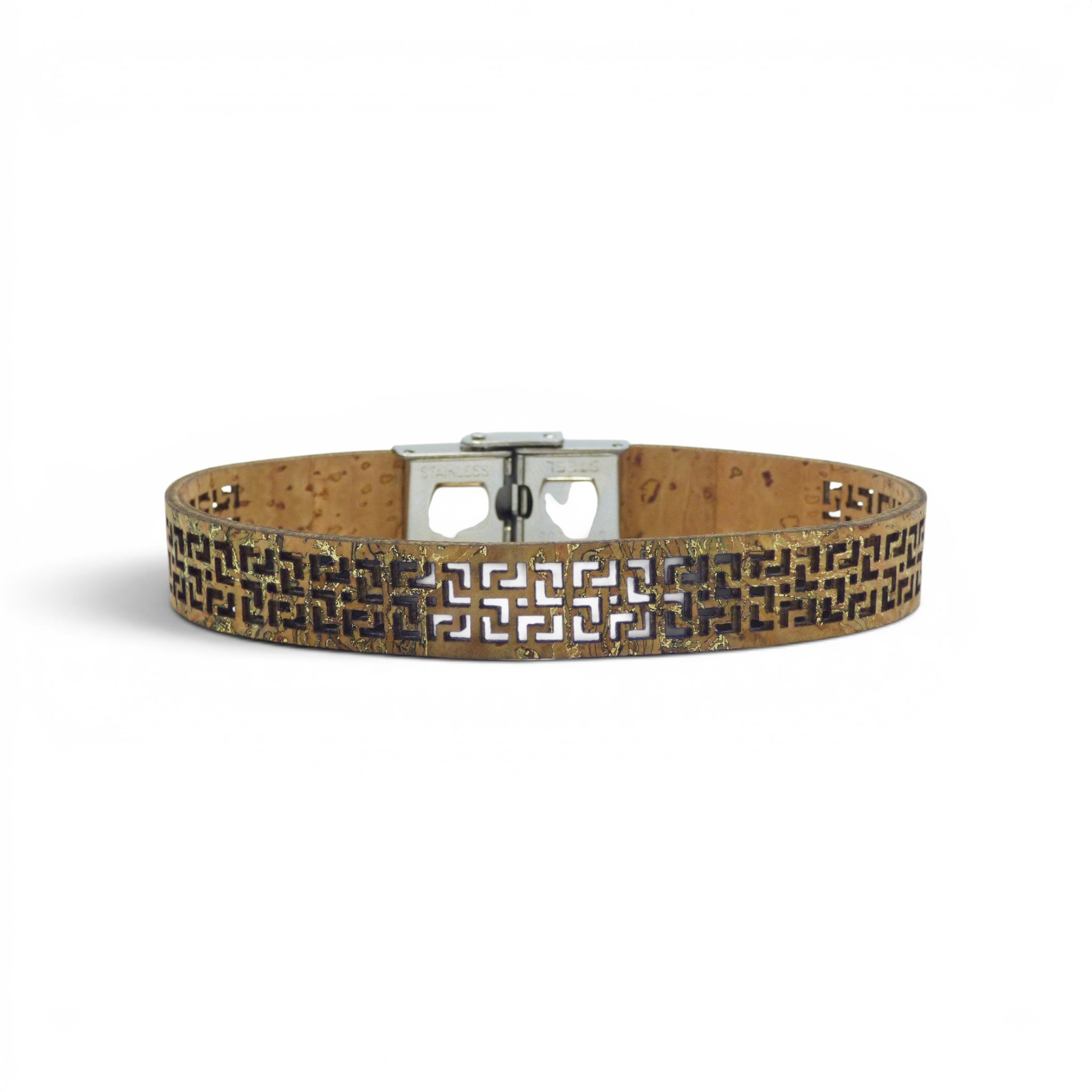 Bracelet marron doré en liège, gravure relief géométrique, bijou fait main au Portugal