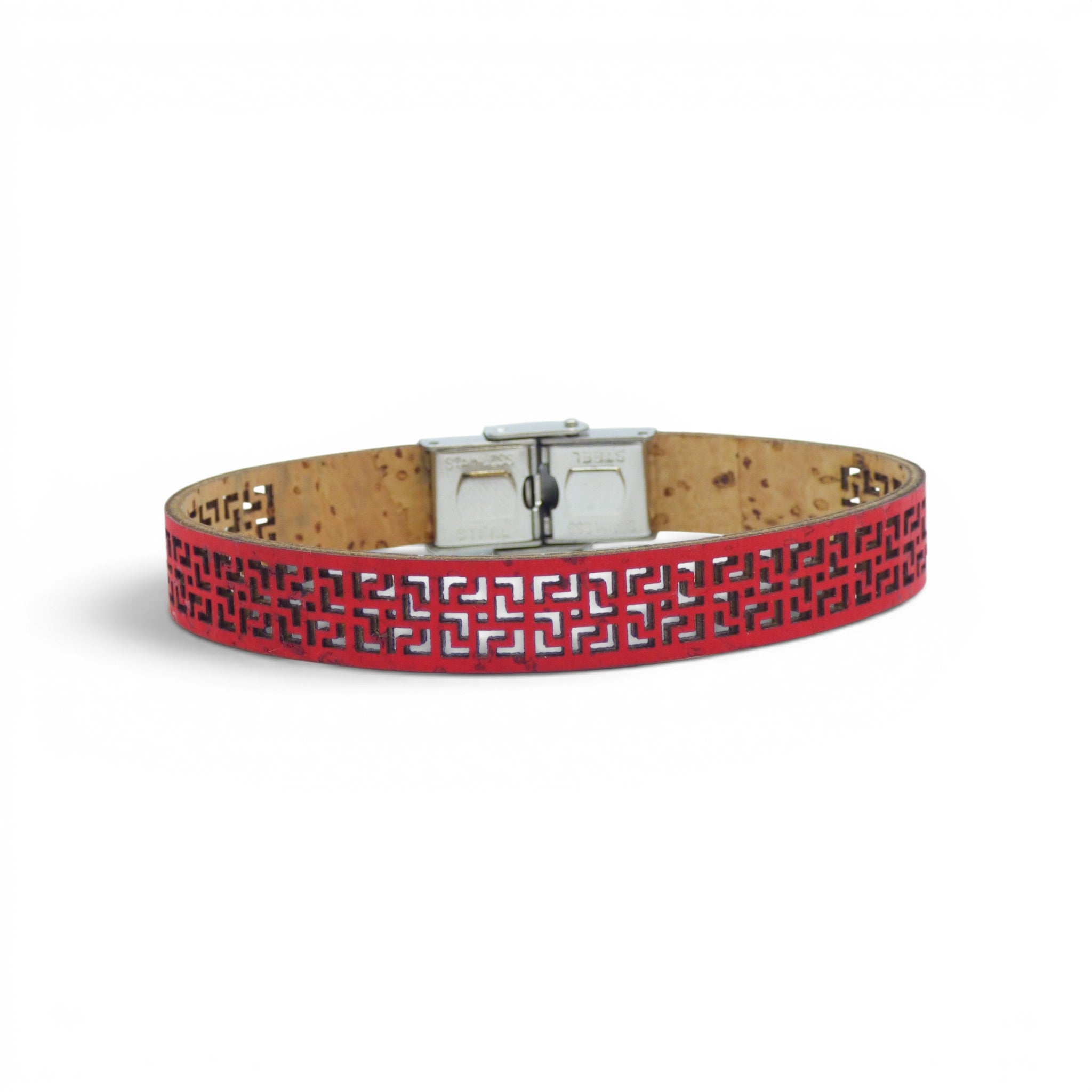 Bracelet rouge vif teinté sur liège naturel, motif frise géométrique ajustable, fait main