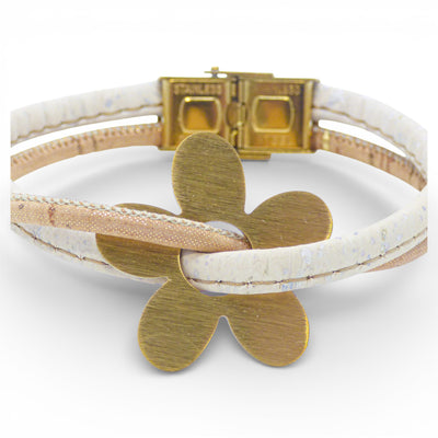 Dos d'un bracelet en liège blanc et cordon rosé, fermoir acier doré — Cork Colors, marguerite dorée, Portugal