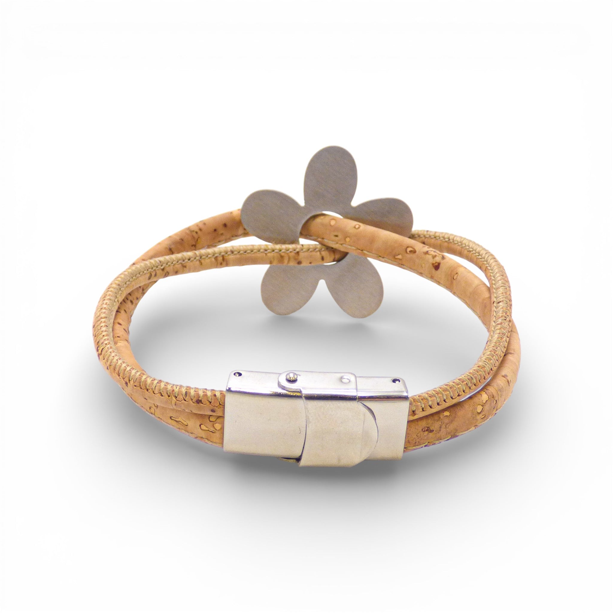 Bracelet double cordon en liège naturel — Cork Colors, marguerite métal blanchi, fermoir, Portugal
