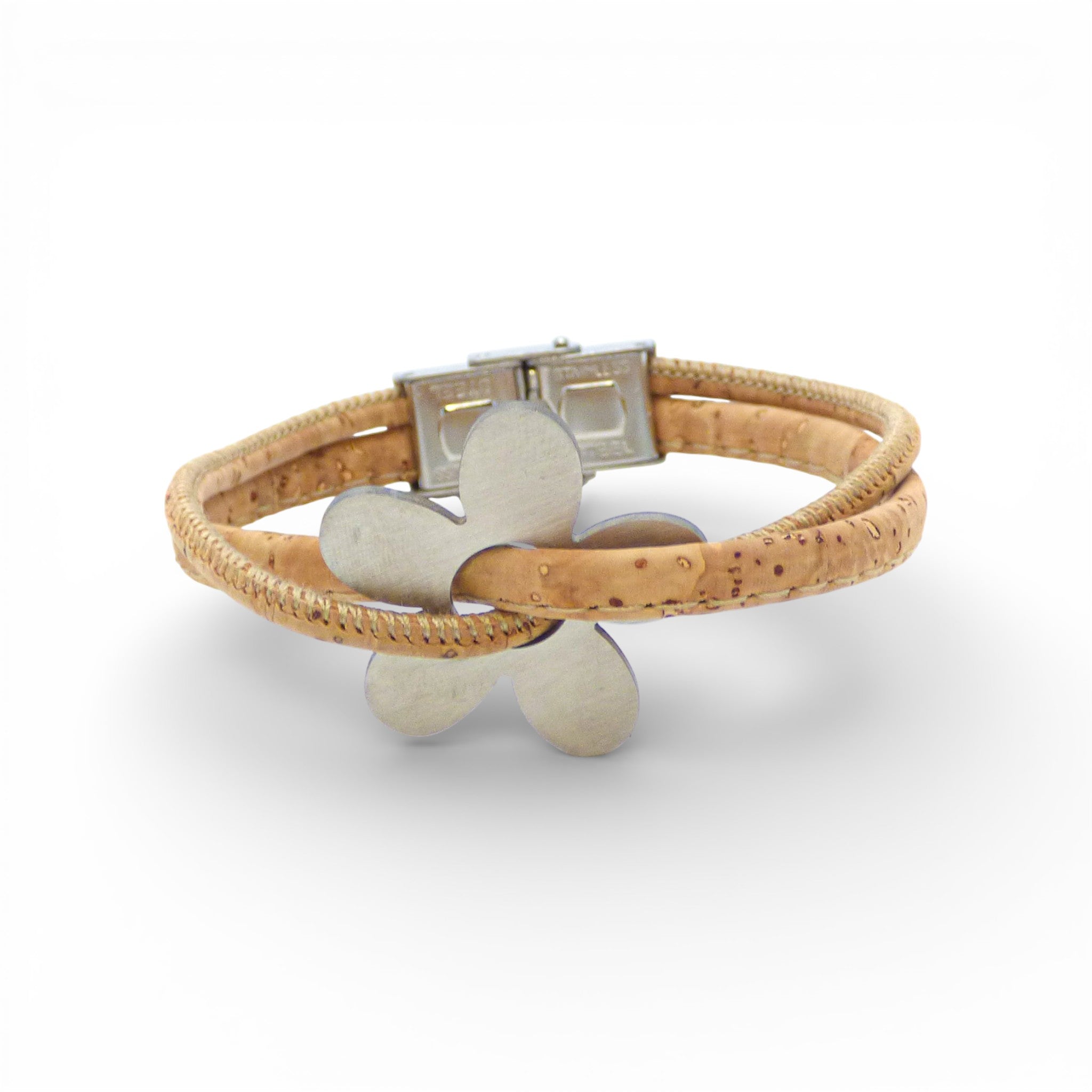 Silver "Marguerite" cork bracelet by Cork Colors featuring a delicate floral design and natural texture.