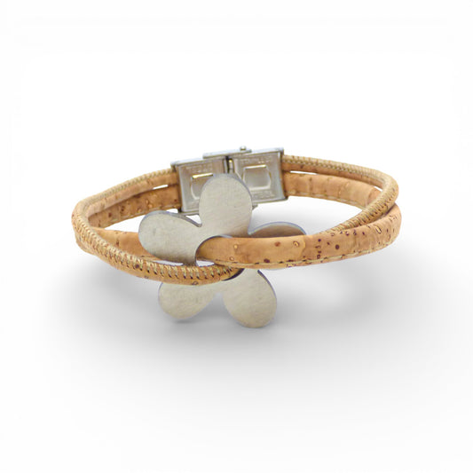 Silver "Marguerite" cork bracelet by Cork Colors featuring a delicate floral design and natural texture.