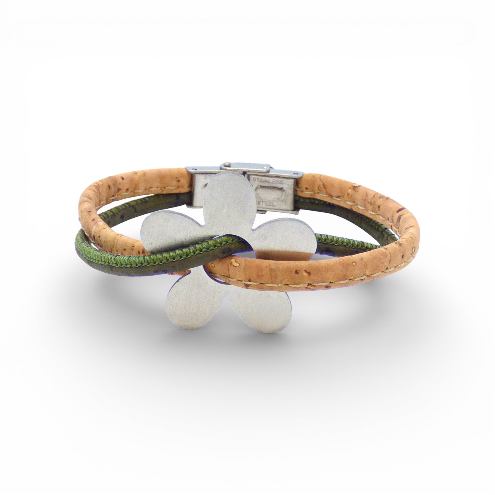 Bracelet marguerite en liège naturel et vert — Cork Colors, fleur métal blanchi, Portugal