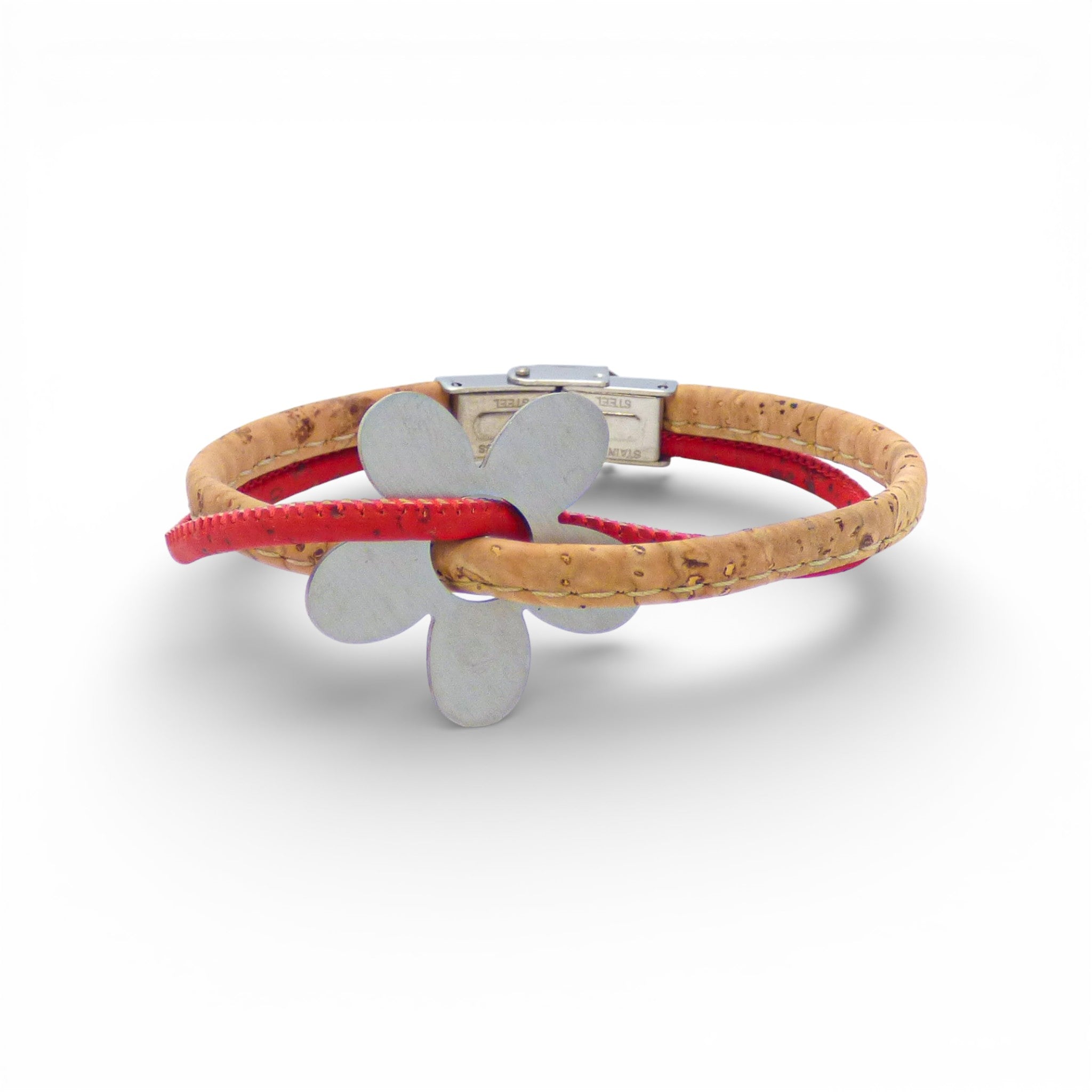 Bracelet marguerite en liège naturel et rouge — Cork Colors, fleur métal blanchi, Portugal