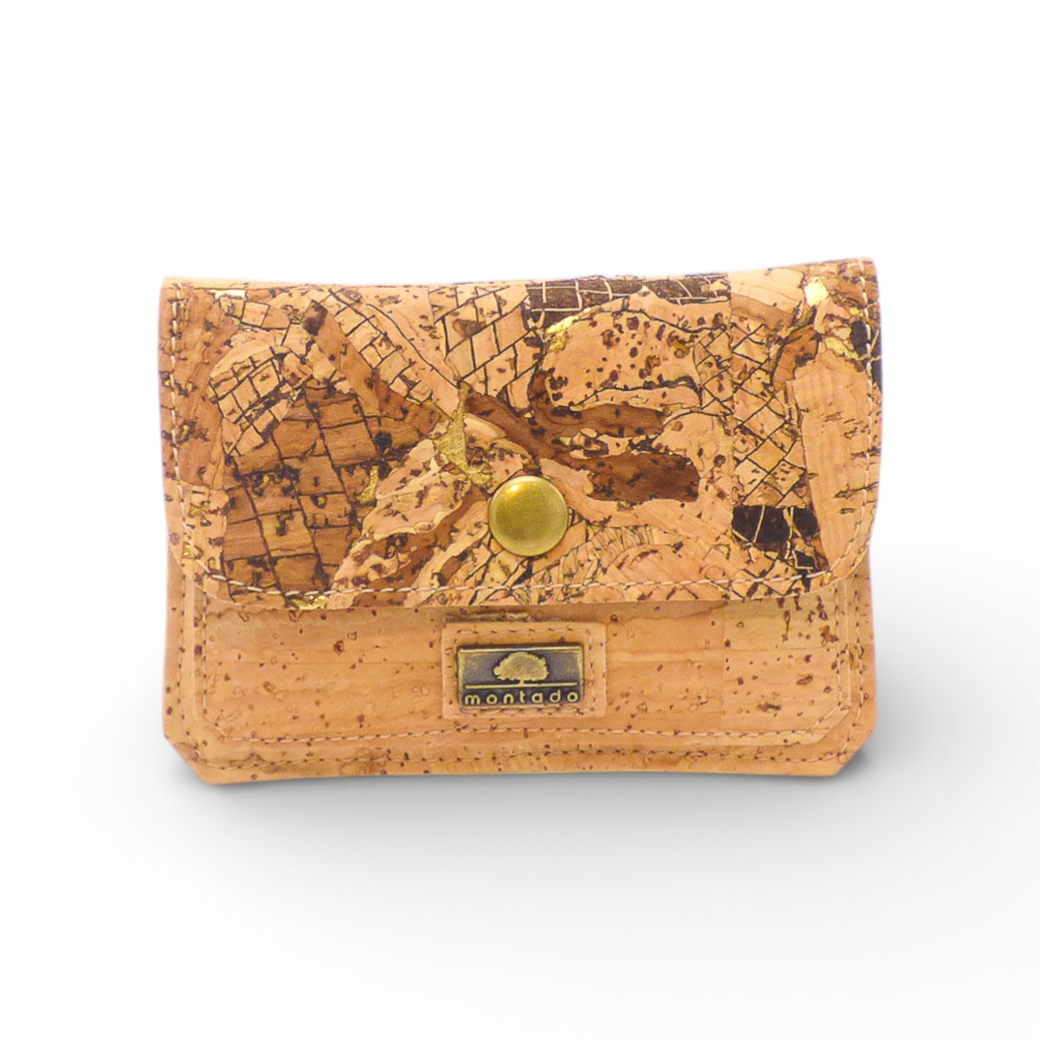 Porte-cartes à rabat en liège naturel à motif réseau doré — Montado, bouton-pression, Portugal