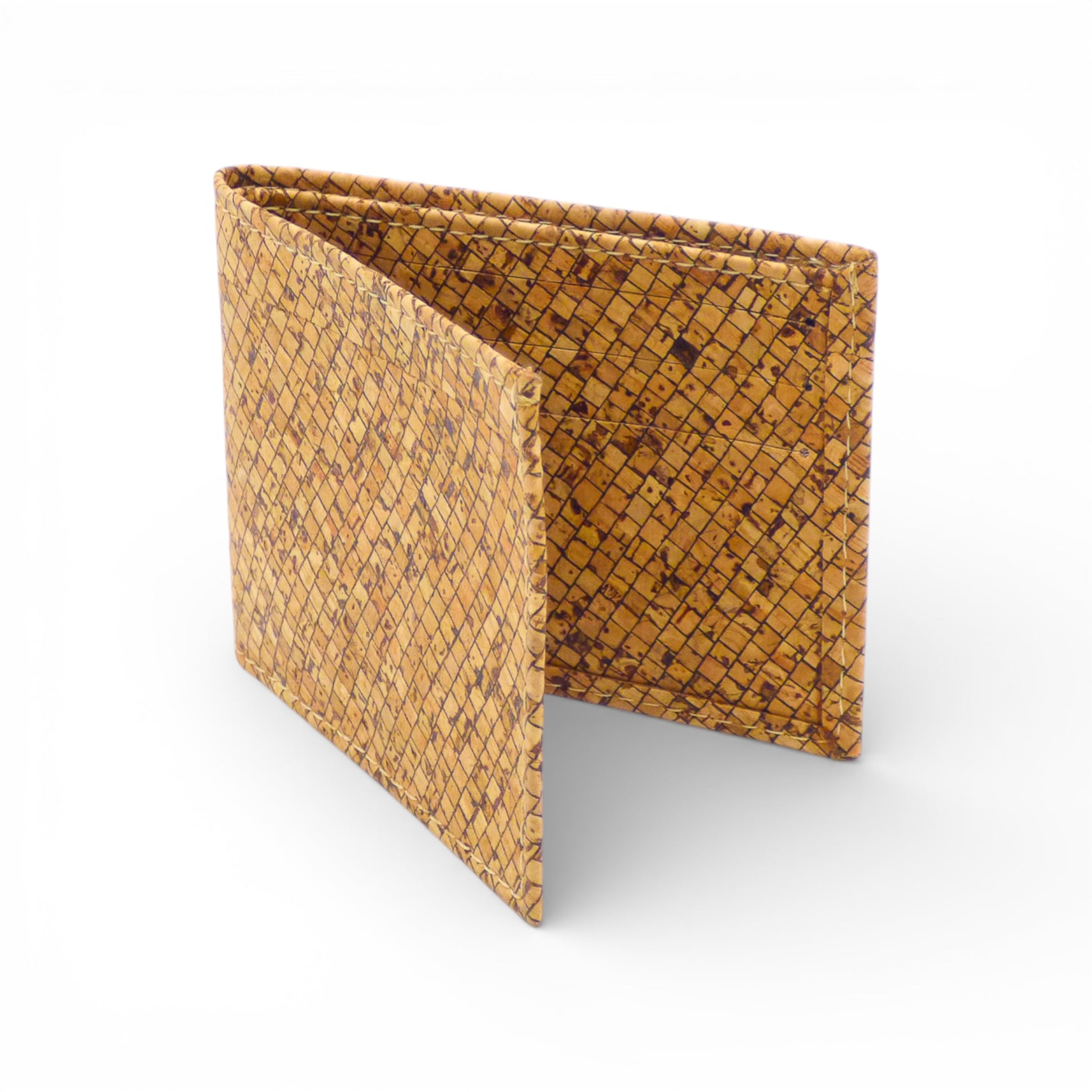 Bifold cork cardholder "Mosaïque" by Cork Design featuring a stylish, textured surface and multiple card slots.