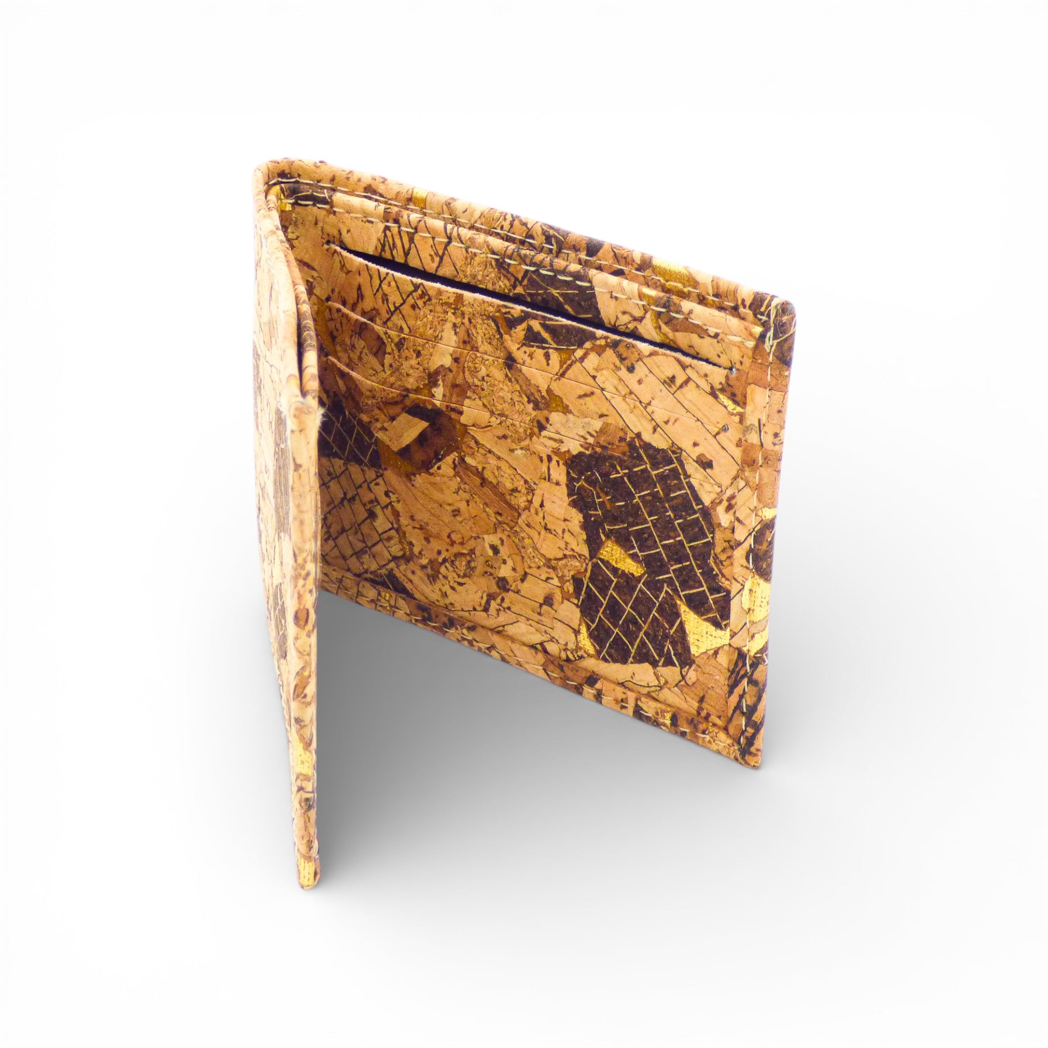 Bifold cork wallet with mosaic pattern from Cork Design, showcasing its textured exterior and compact style.