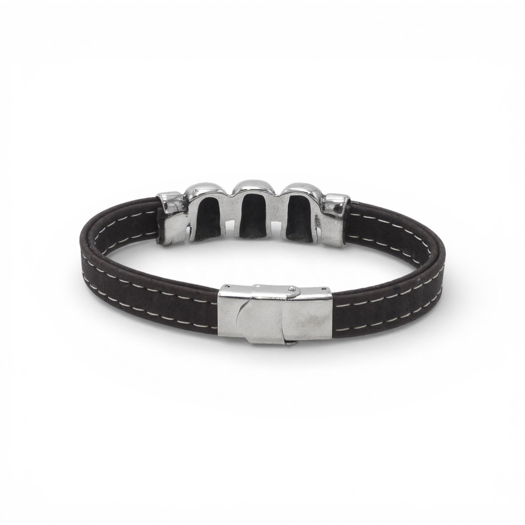 Dos d'un bracelet en liège noir — Cork Colors, montures des têtes de mort et fermoir acier, Portugal