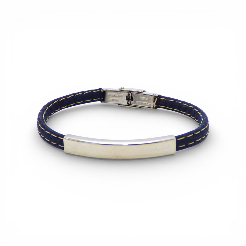 Bracelet cordon de liège bleu marine, barrette acier polie — Cork Colors, Portugal