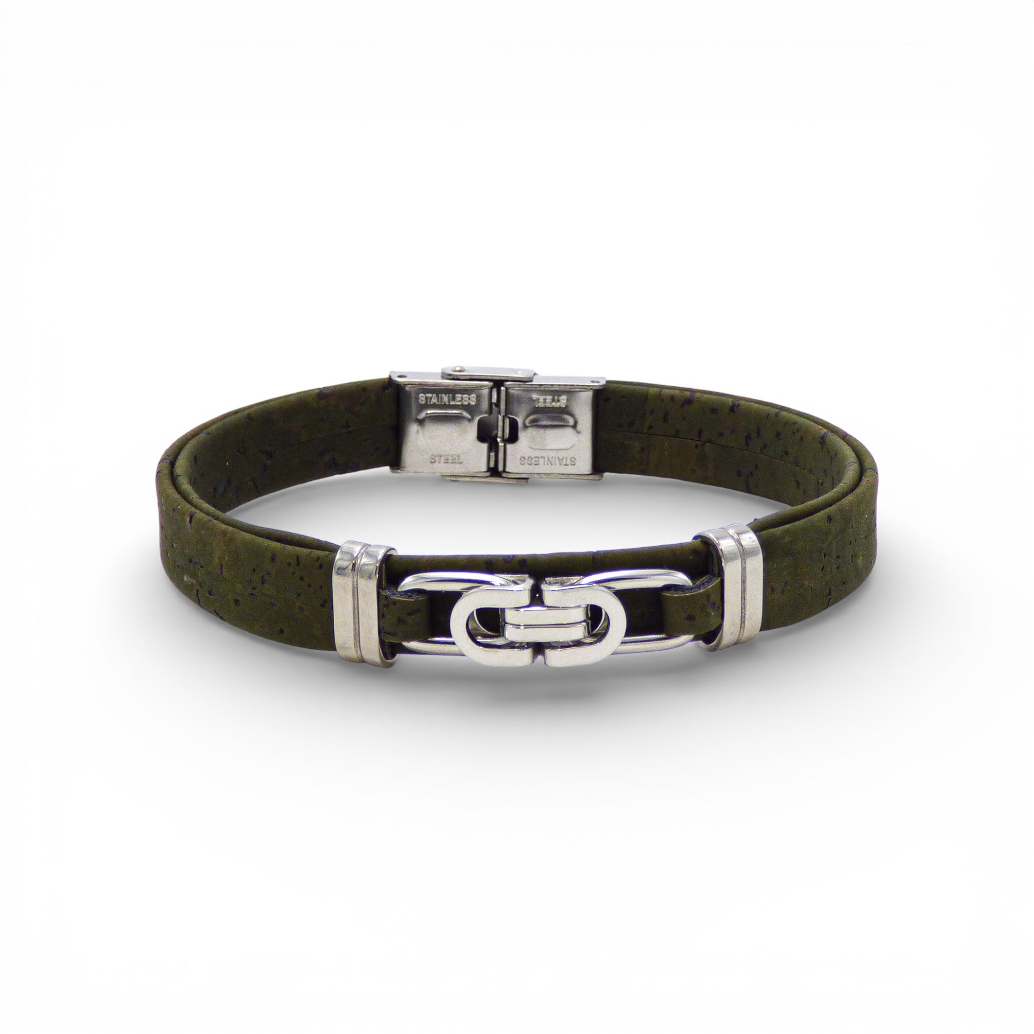 Bracelet homme en liège kaki, vue de face — Cork Colors, maillon acier entrelacé, Portugal